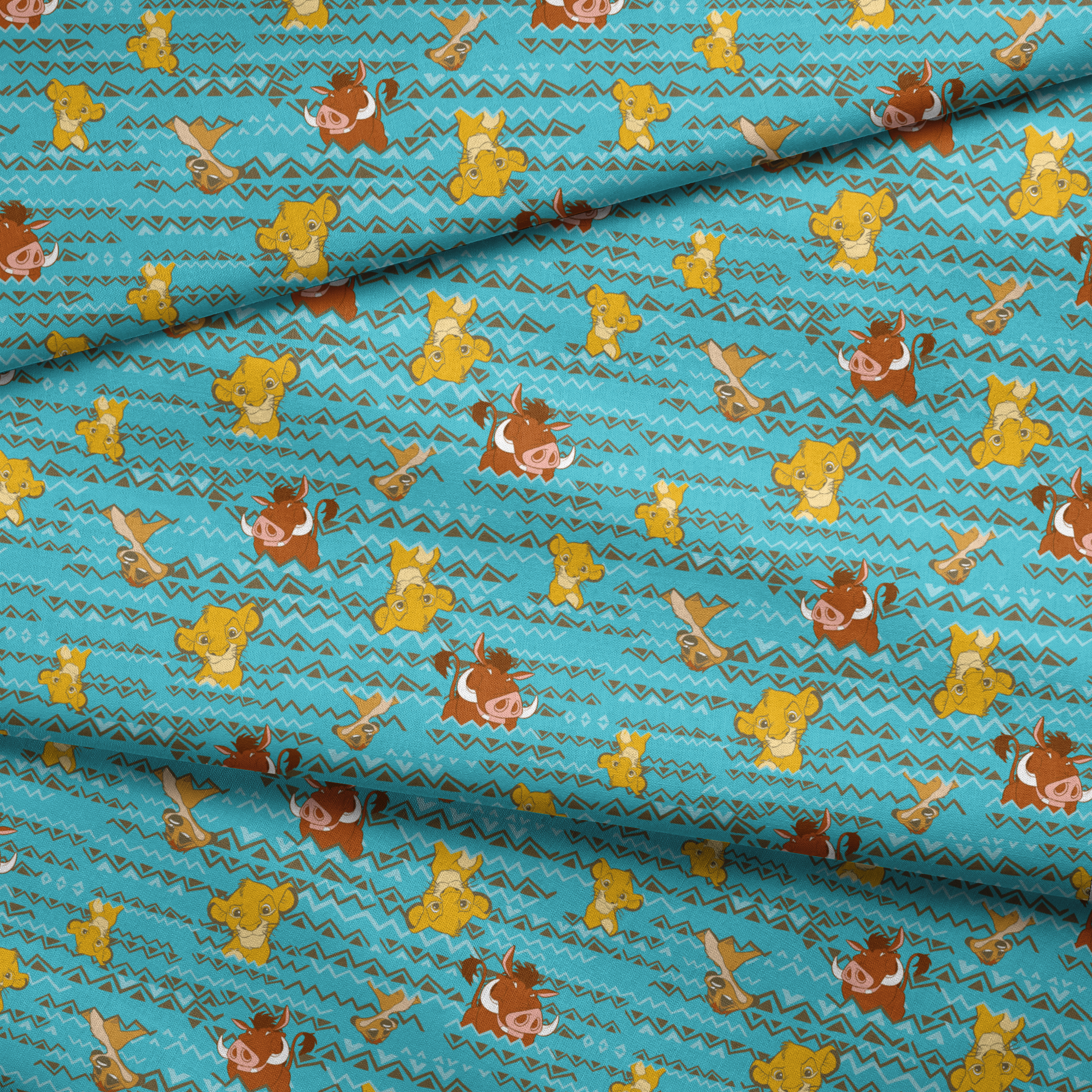 Lion King themed pattern with Simba and Timon characters on turquoise blue background with zigzag stripes fabric fold mockup