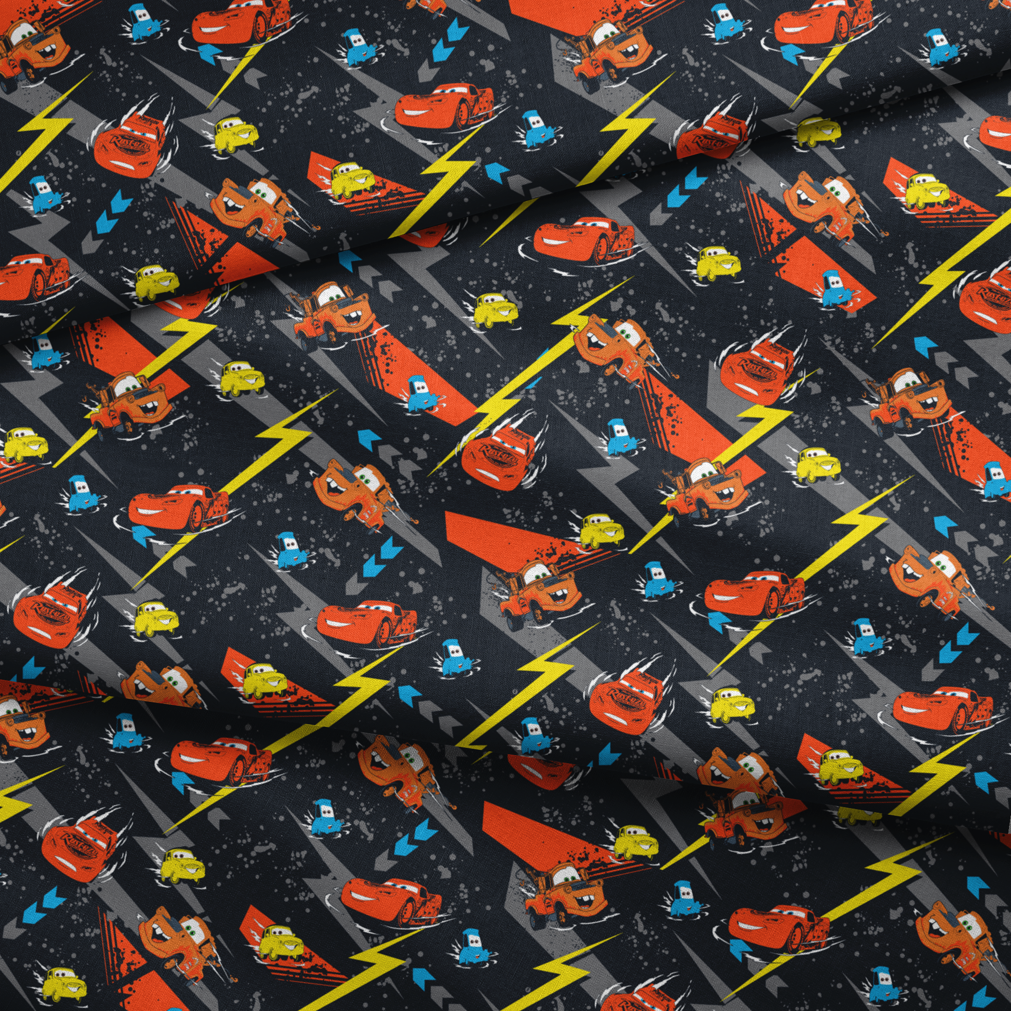 Pattern of animated red race cars with lightning bolt designs on dark background with yellow lightning strikes and blue accents fabric fold mockup