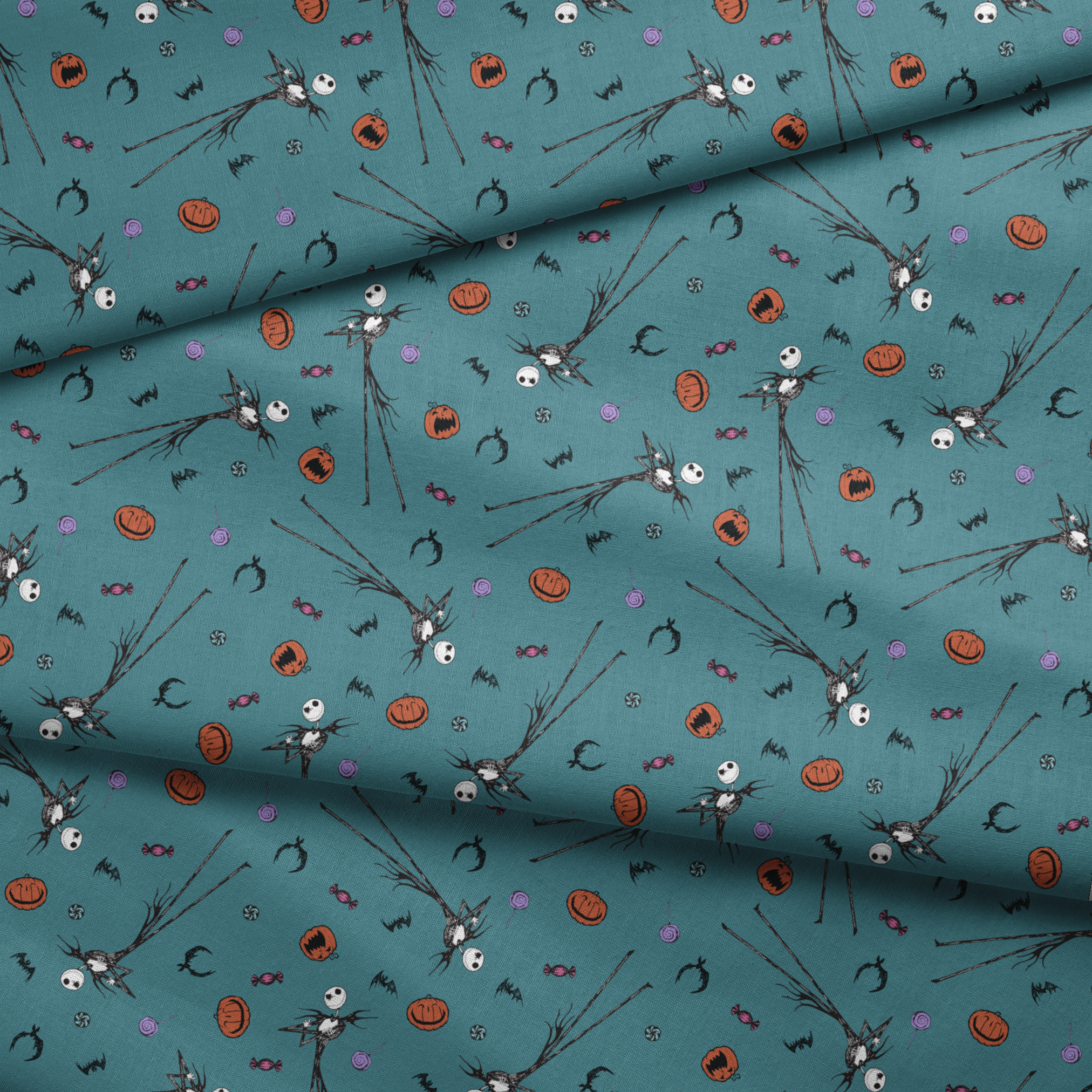 Halloween pattern with witch brooms, pumpkins, bats, candy, and creepy eyes on teal background fabric fold mockup