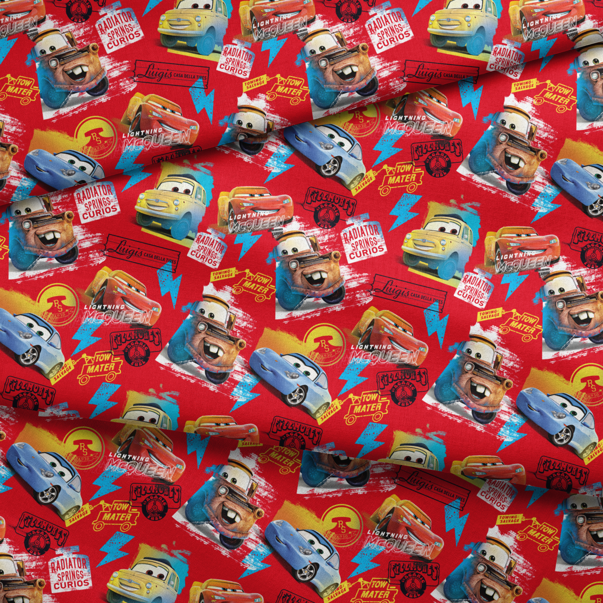 Colorful Cars movie characters pattern featuring Lightning McQueen and Mater on red background with logos fabric fold mockup