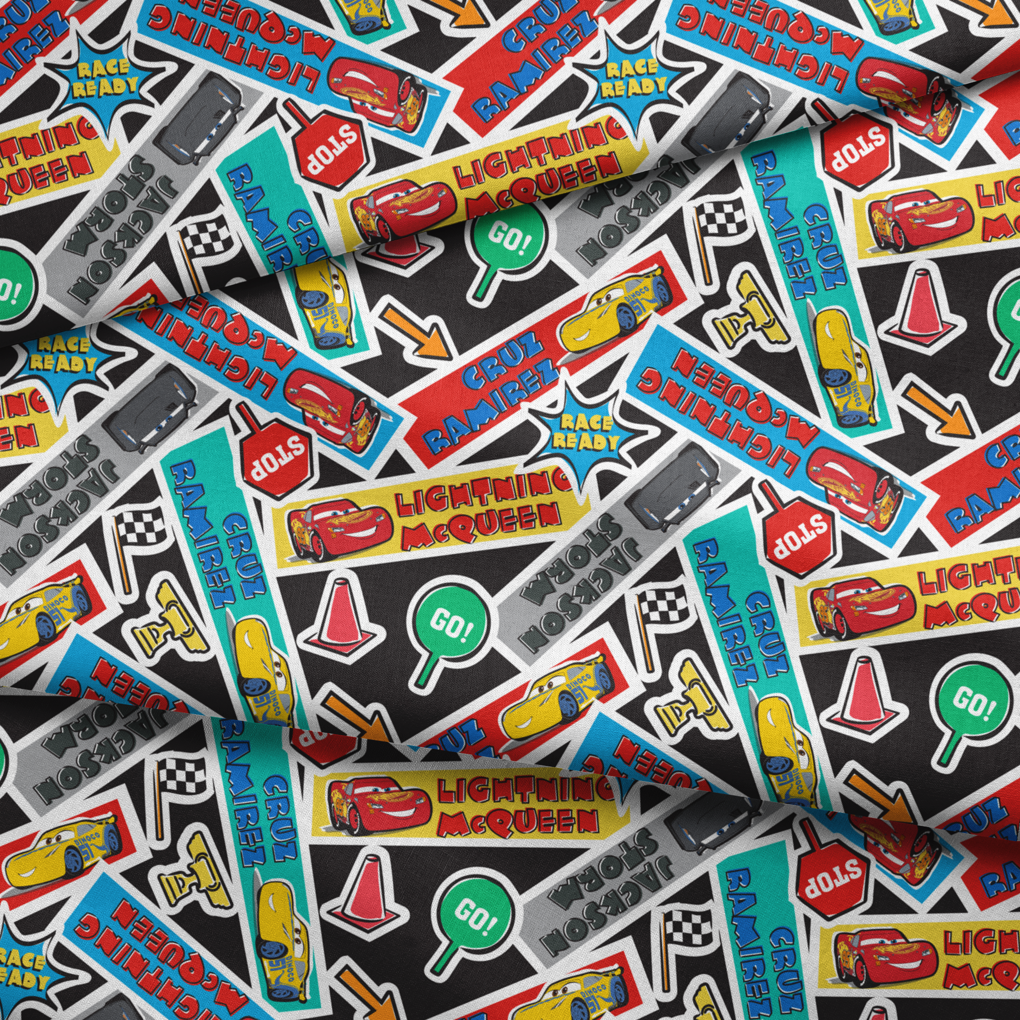 Colorful Cars movie stickers featuring Lightning McQueen, racing themes, and car motifs in vibrant colors. fabric fold mockup