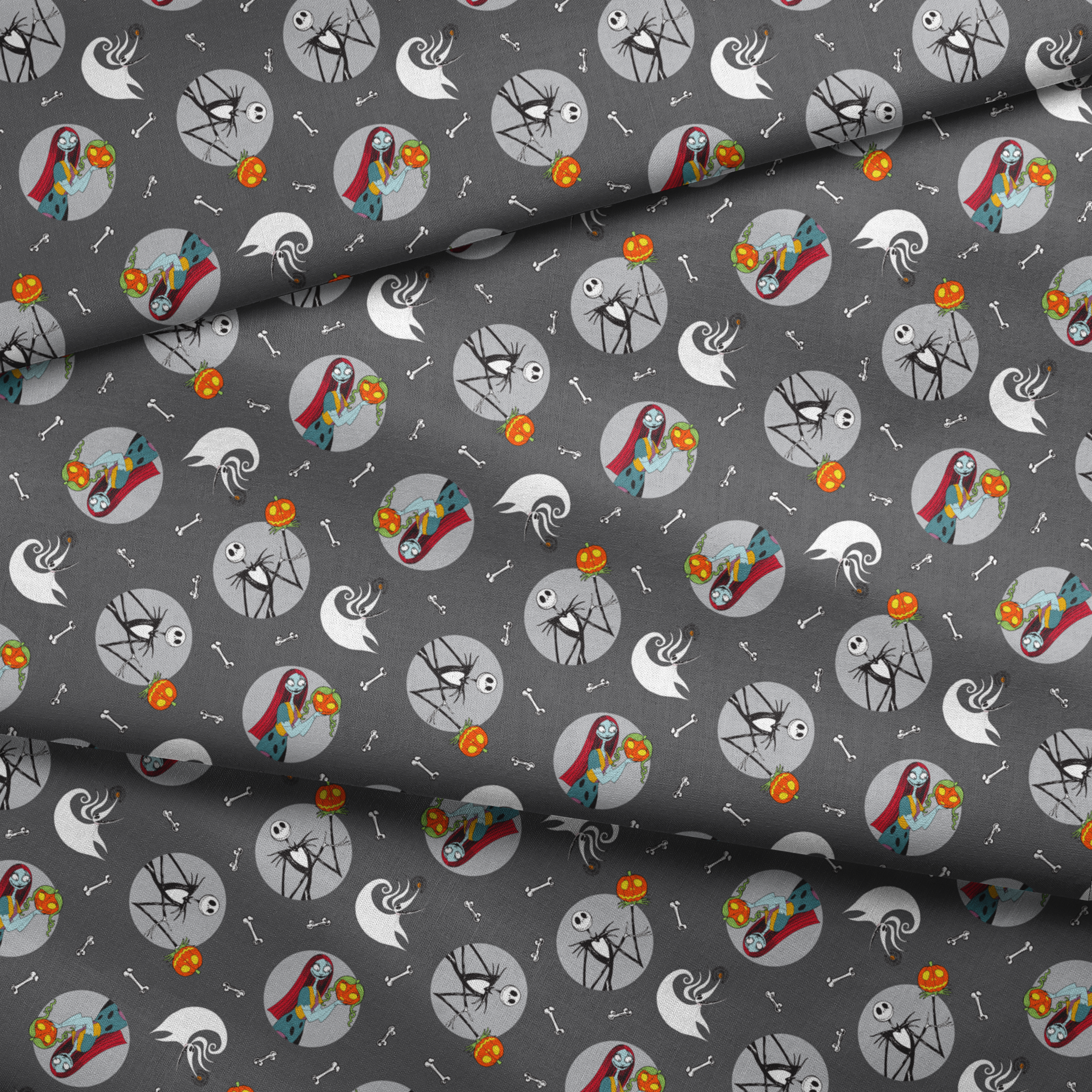 Nightmare Before Christmas themed pattern with Sally and Jack Skellington, pumpkins, bones, and ghostly designs on gray background fabric fold mockup