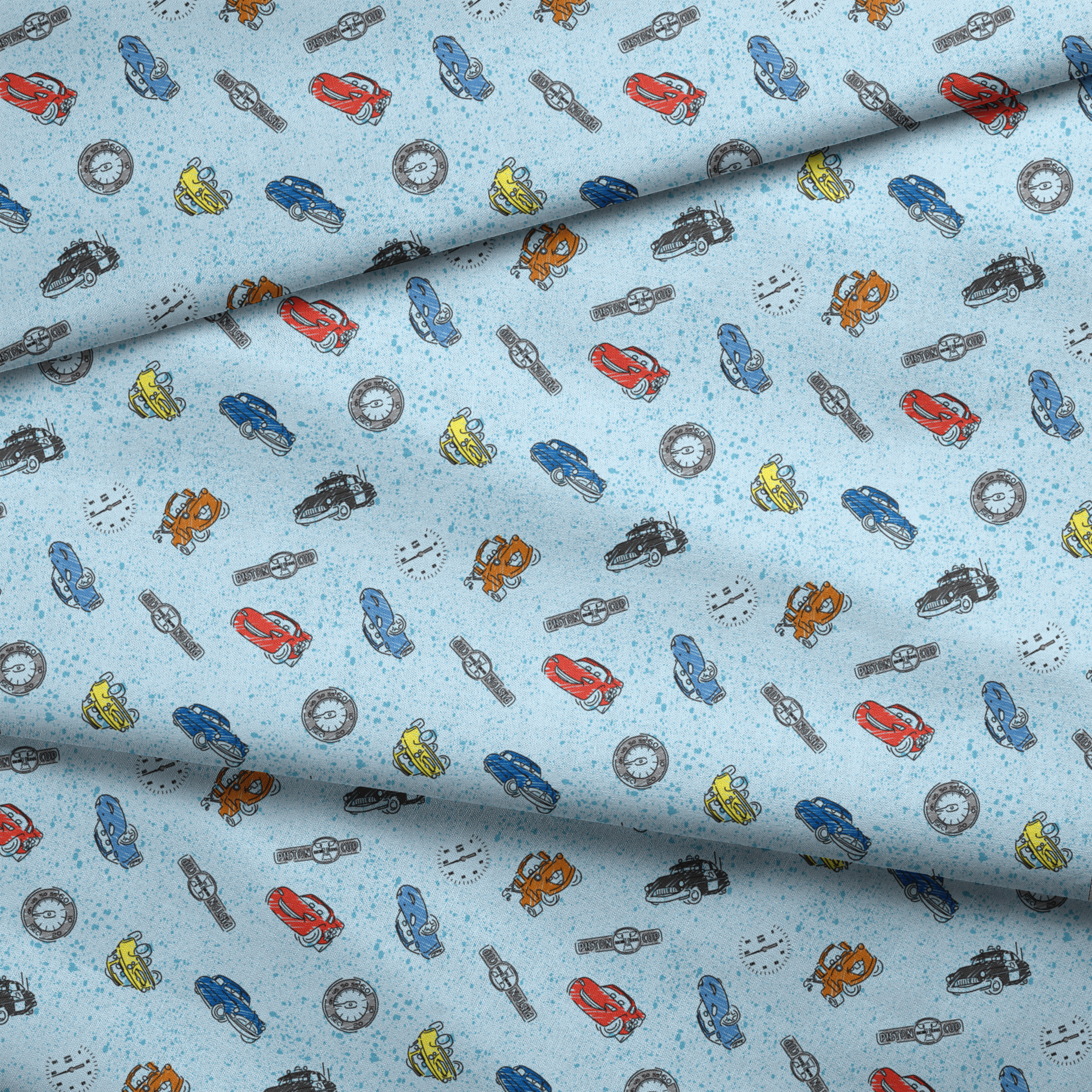 Colorful cartoon cars and watches scattered on a light blue speckled background pattern fabric fold mockup