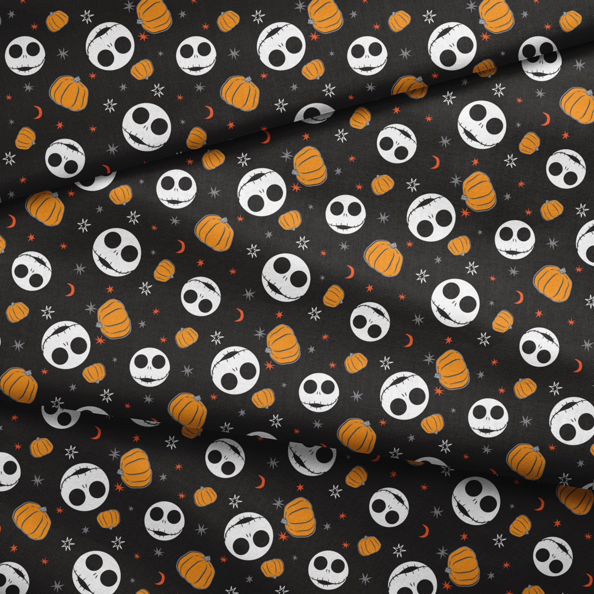 Halloween pattern with Nightmare Before Christmas characters, orange pumpkins, stars and crescent moons on black background fabric fold mockup