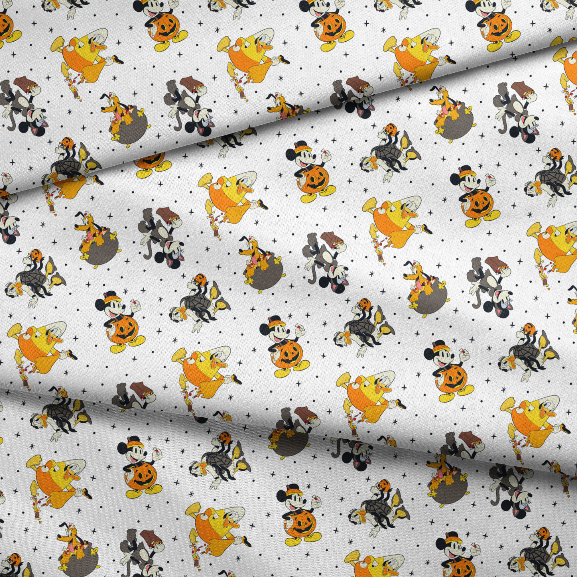 Disney characters in Halloween costumes on white background with stars - Mickey, Pluto, and friends in festive attire fabric fold mockup