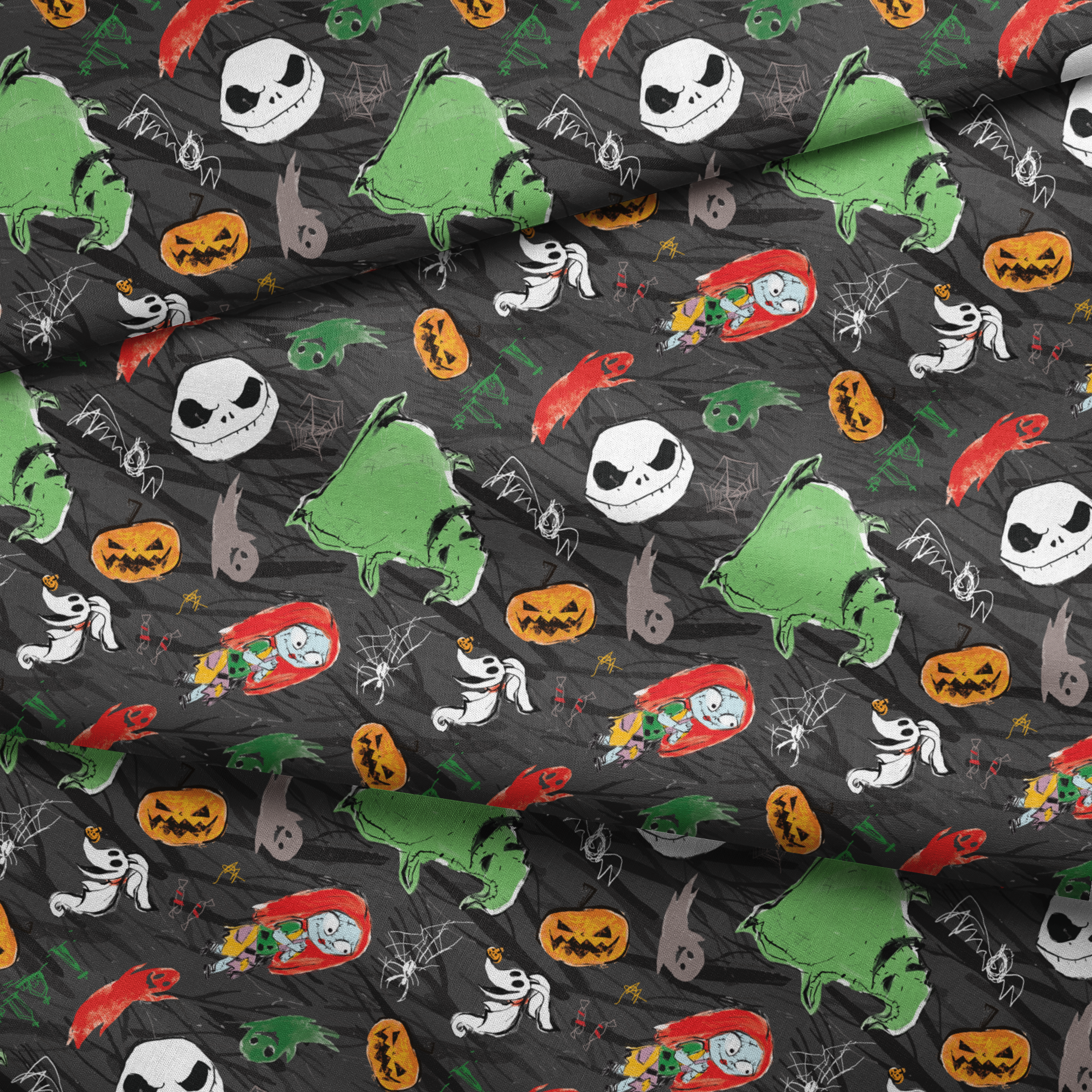 Nightmare Before Christmas pattern with Jack's face, green ghosts, orange pumpkins, spiders, and white ghosts on dark gray background fabric fold mockup