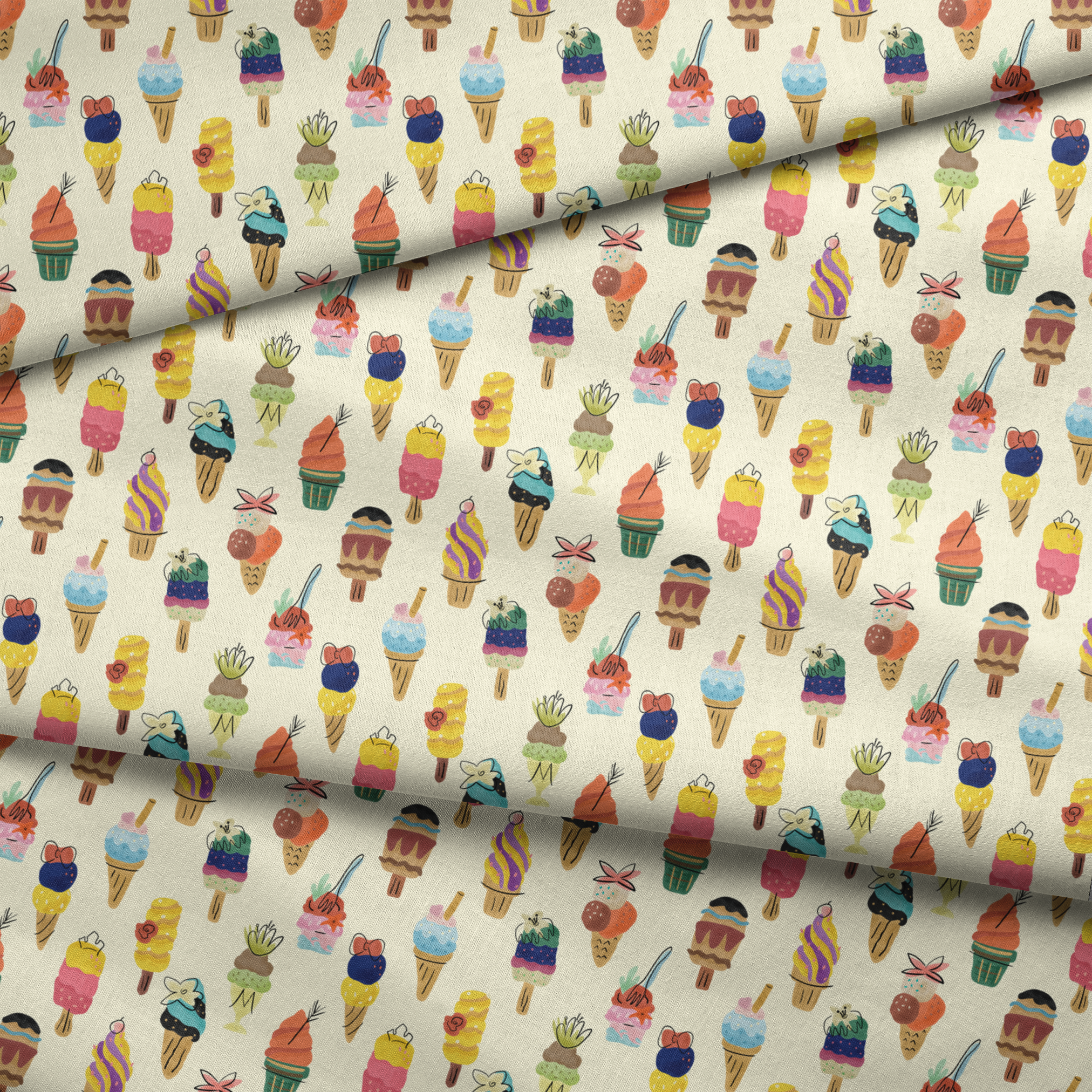 Colorful illustration of Disney Princess-inspired ice cream desserts including cones, popsicles, and sundaes with decorative toppings fabric fold mockup