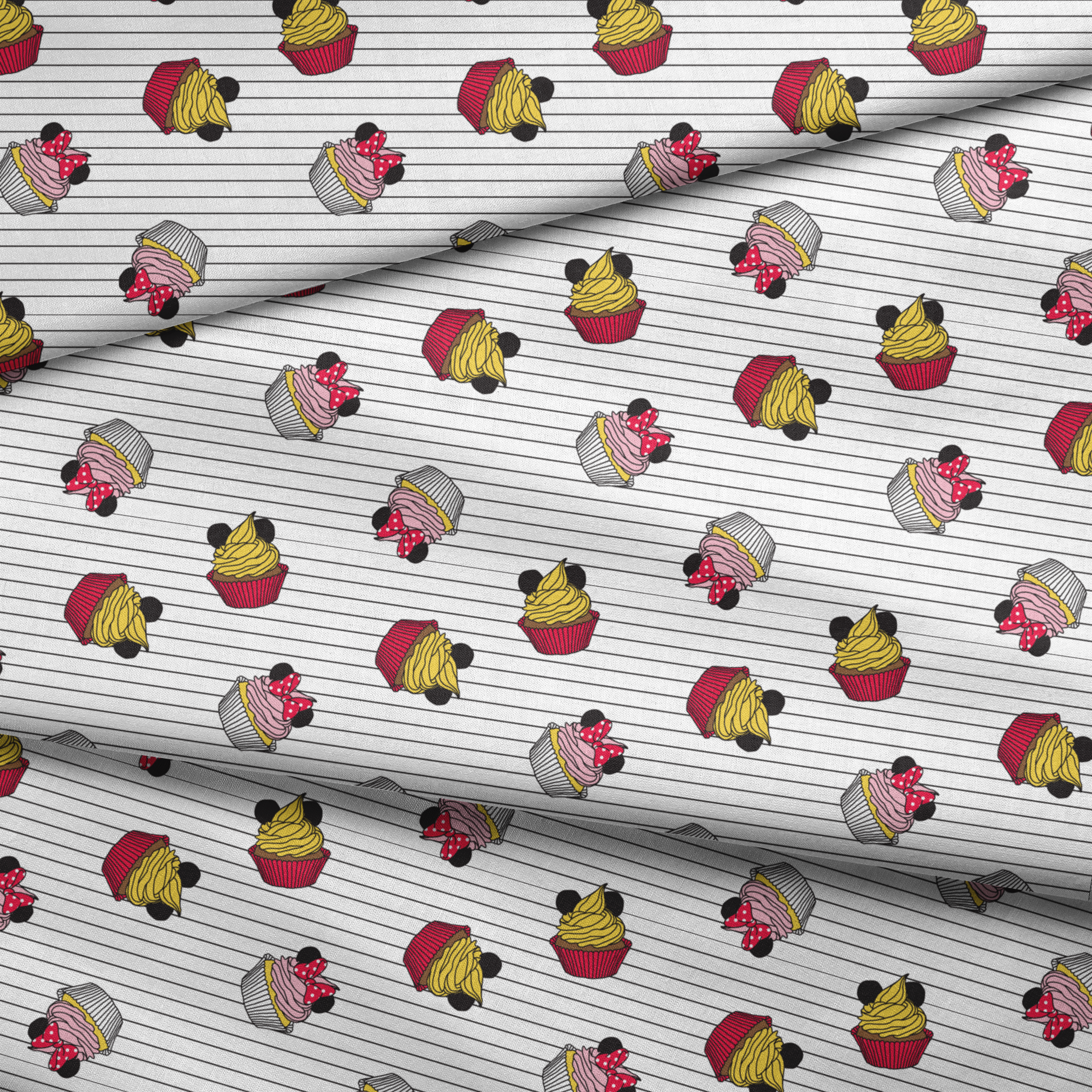 Colorful cartoon cupcakes with Mickey Mouse ears and bows scattered on striped background fabric fold mockup