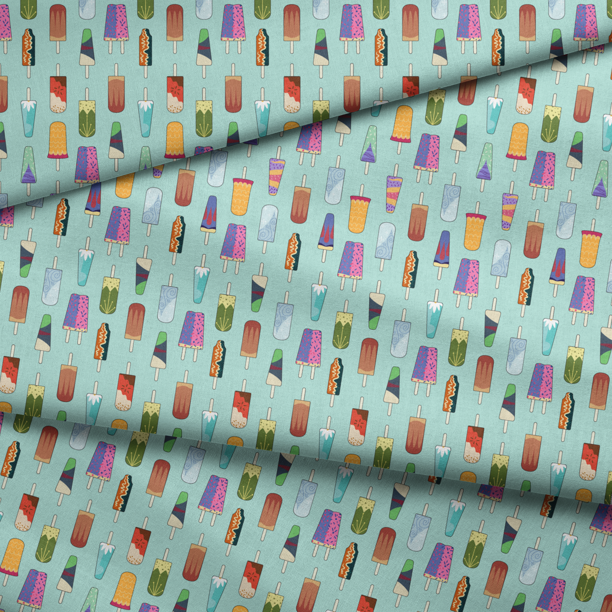 Disney Princess popsicle pattern on light teal background with various ice cream designs and styles fabric fold mockup