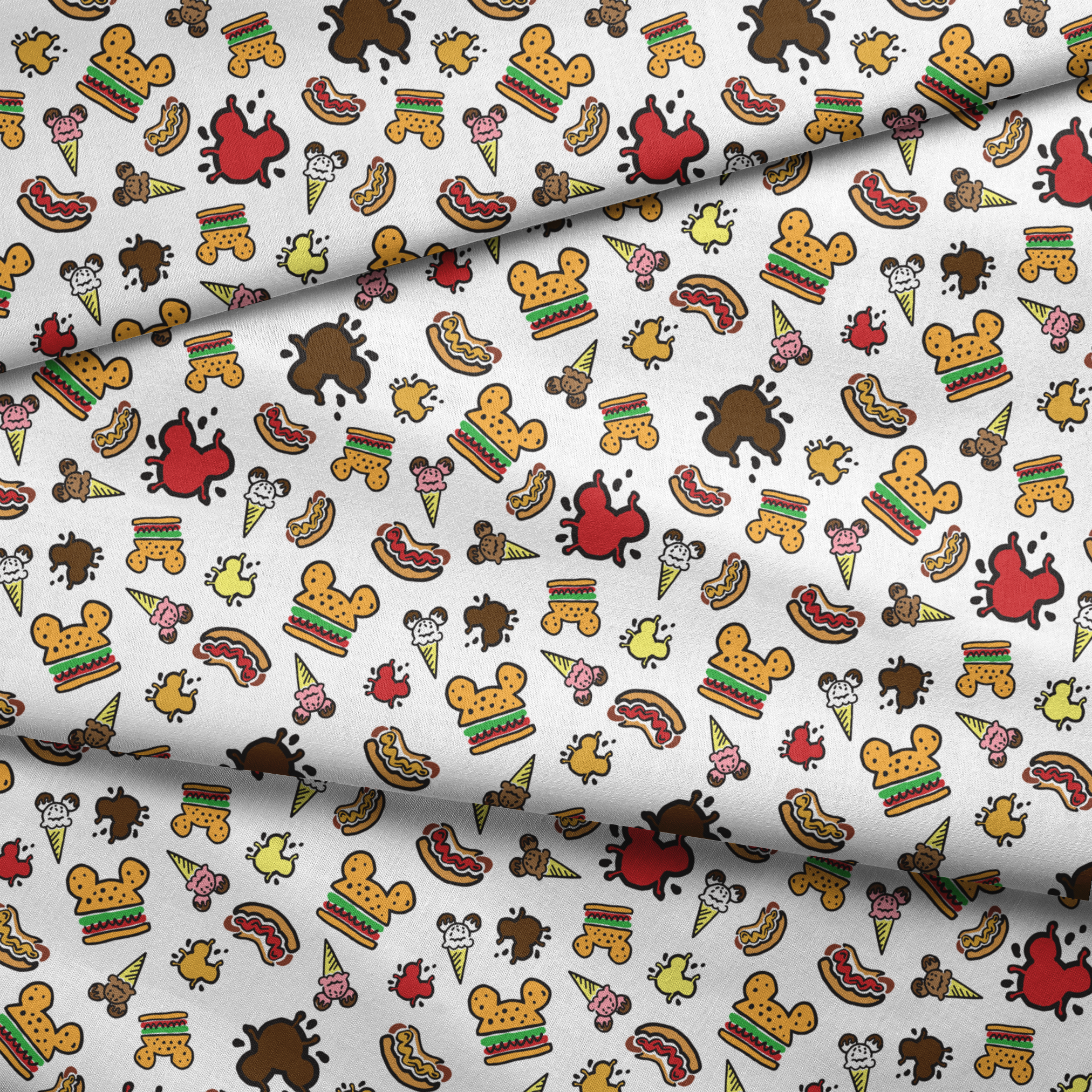 Colorful Disney theme park food icons including Mickey-shaped burgers, ice cream cones, hot dogs and apples on white background fabric fold mockup