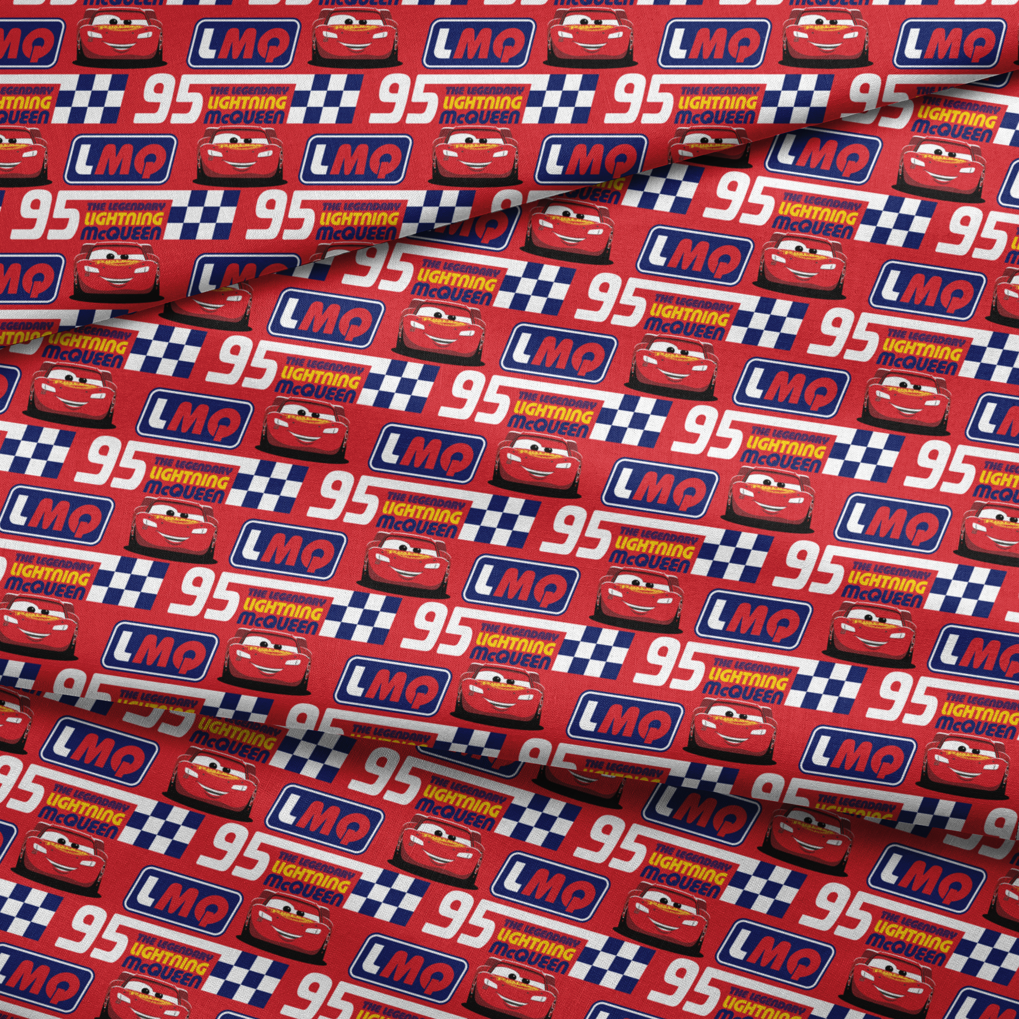 Colorful red racing pattern with "95" numbers, "Lightning" text, checkered flags, and blue "LMC" logos fabric fold mockup