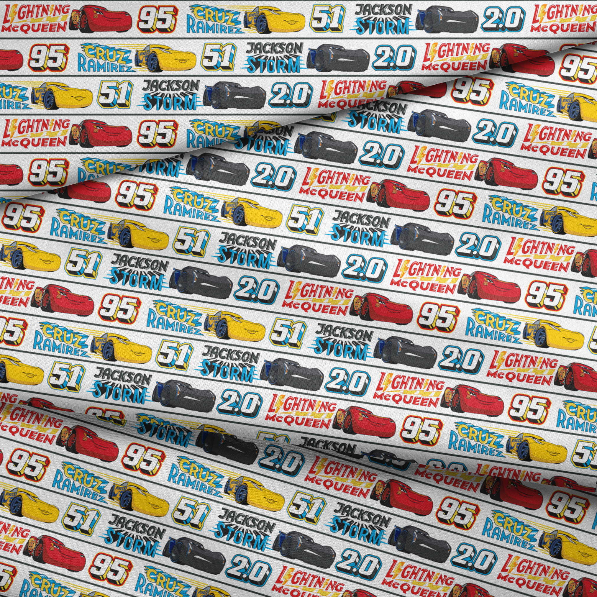 Disney Cars character ribbon with Lightning McQueen 95, Cruz Ramirez 51, and Jackson Storm 20 repeated pattern fabric fold mockup