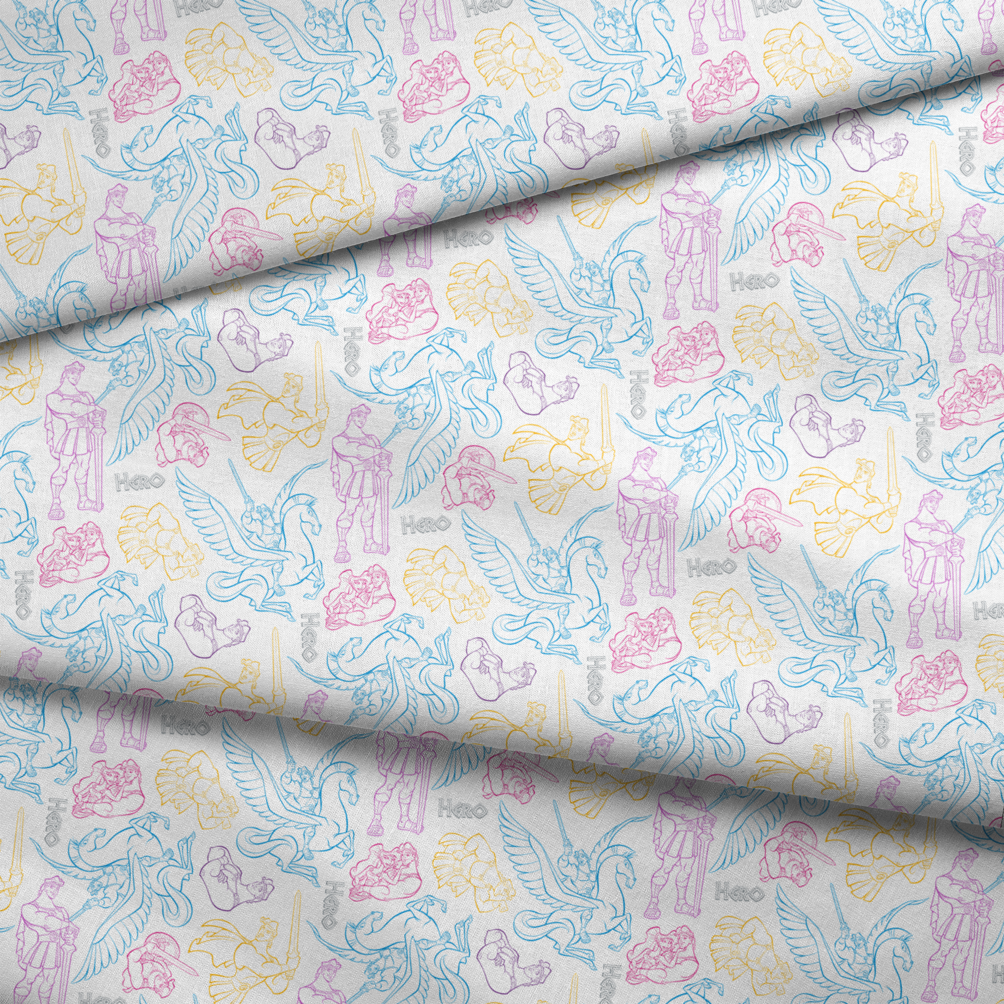 Colorful line art drawings of Hercules characters in blue, purple, and yellow outlines fabric fold mockup