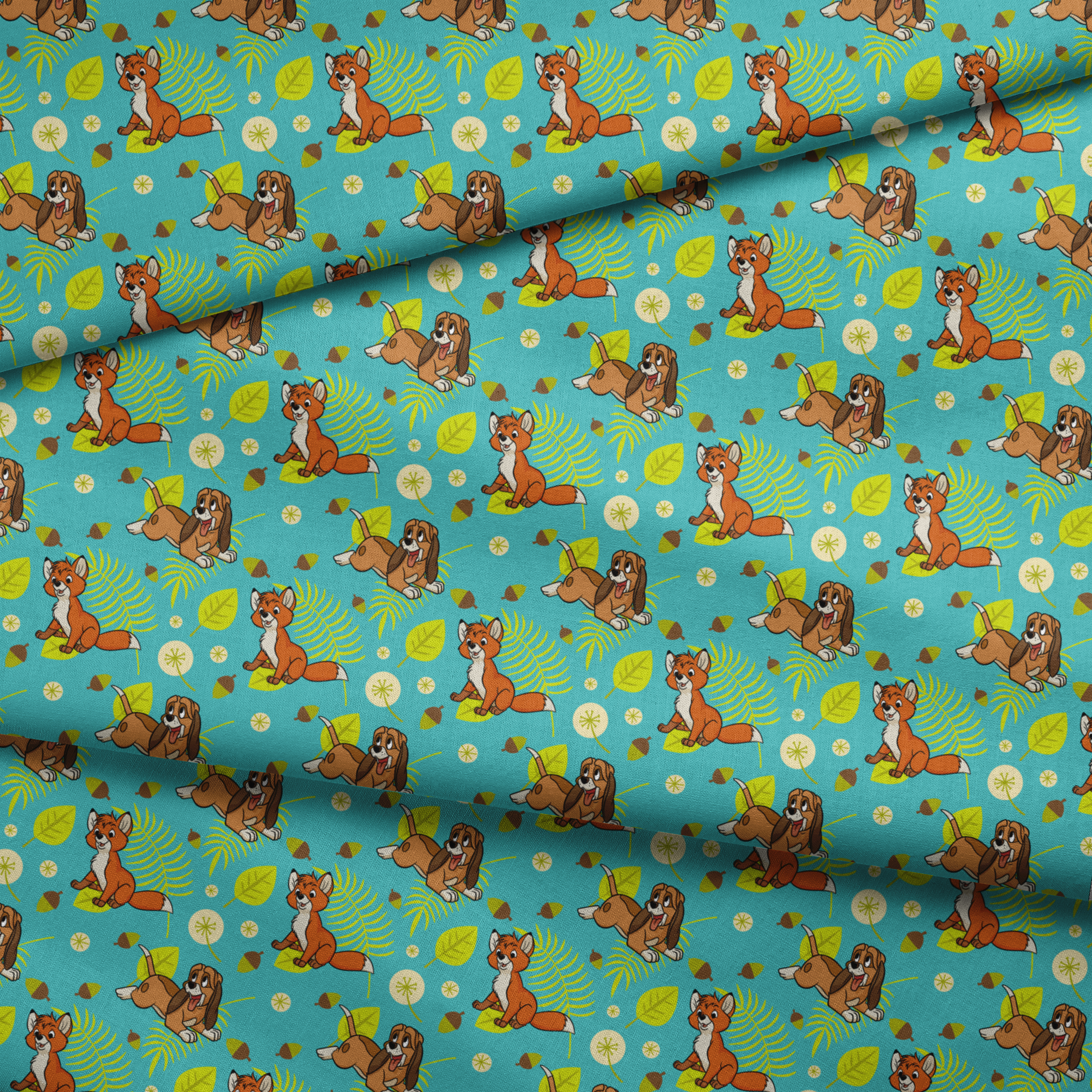 The Fox and the Hound characters on turquoise background with yellow leaves and acorns fabric fold mockup