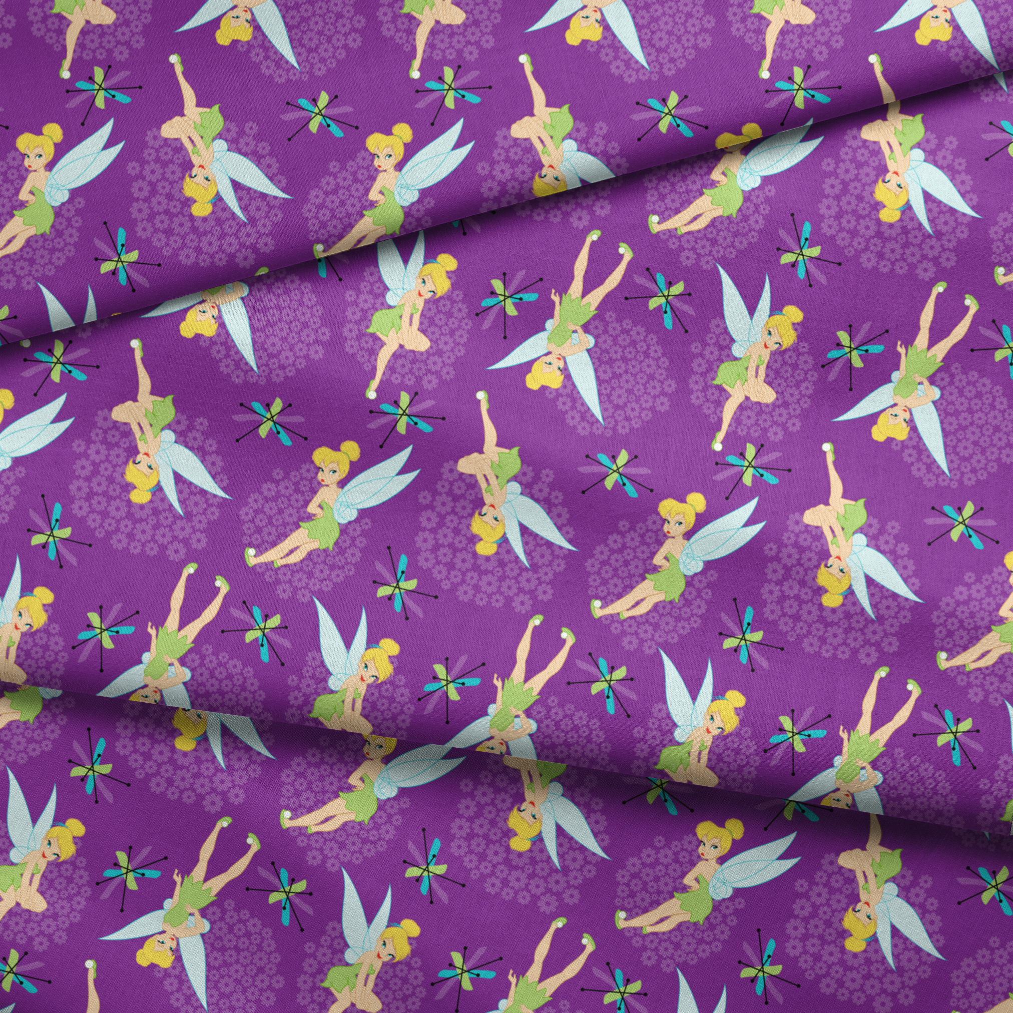 Repeating Tinker Bell pattern in green dresses on purple background fabric fold mockup