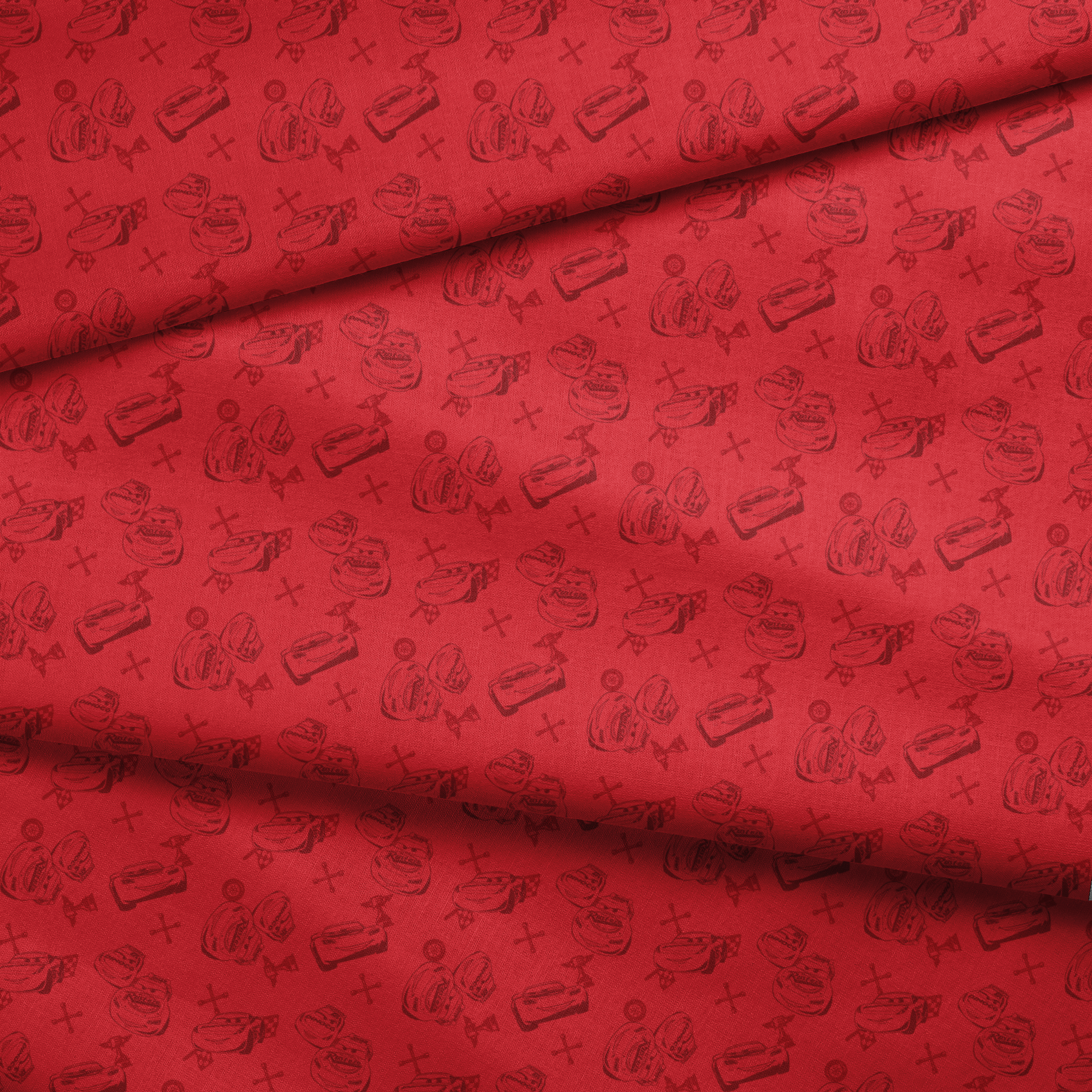 Red background with hand-drawn cartoon cars, tires, and tools in a repeating pattern fabric fold mockup