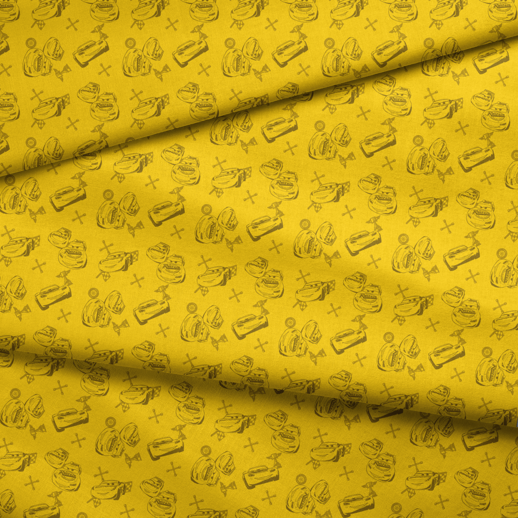 Yellow background with cartoon race cars, tires, and tool icons in a repeating pattern design fabric fold mockup
