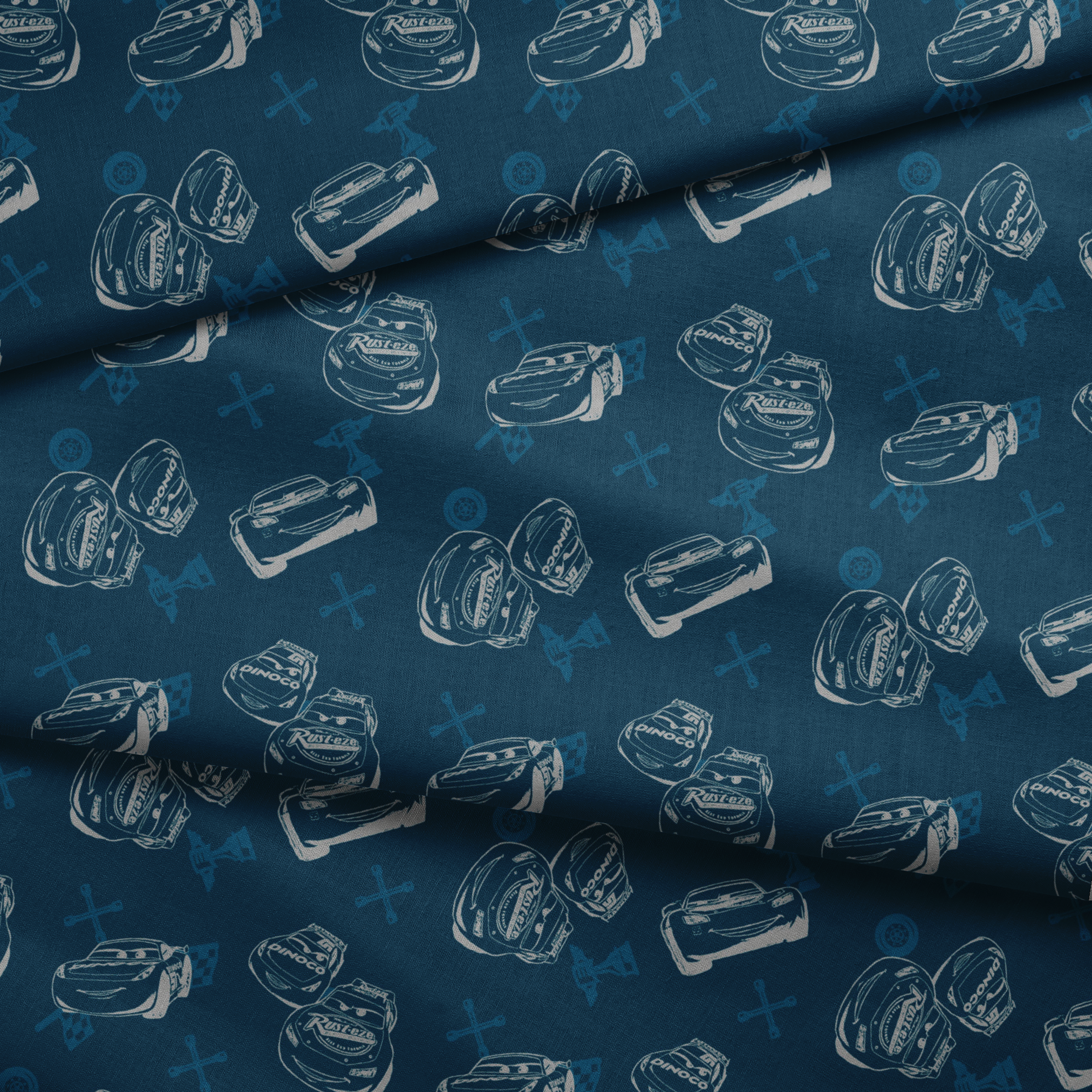 Race cars pattern on dark blue background with sketched vehicles and tire marks fabric fold mockup