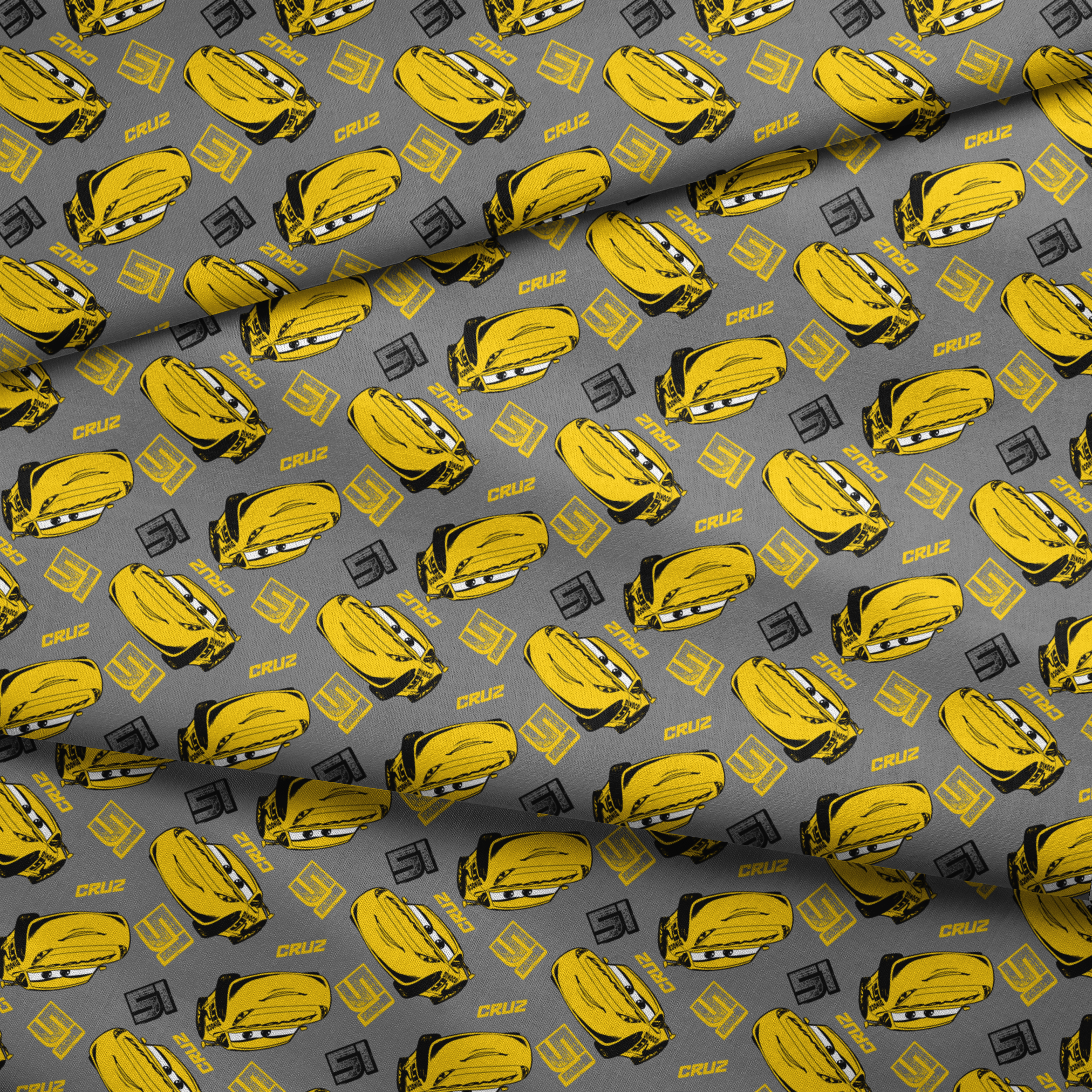 Yellow cartoon race cars with Cruz name on gray background, Cars movie pattern fabric fold mockup