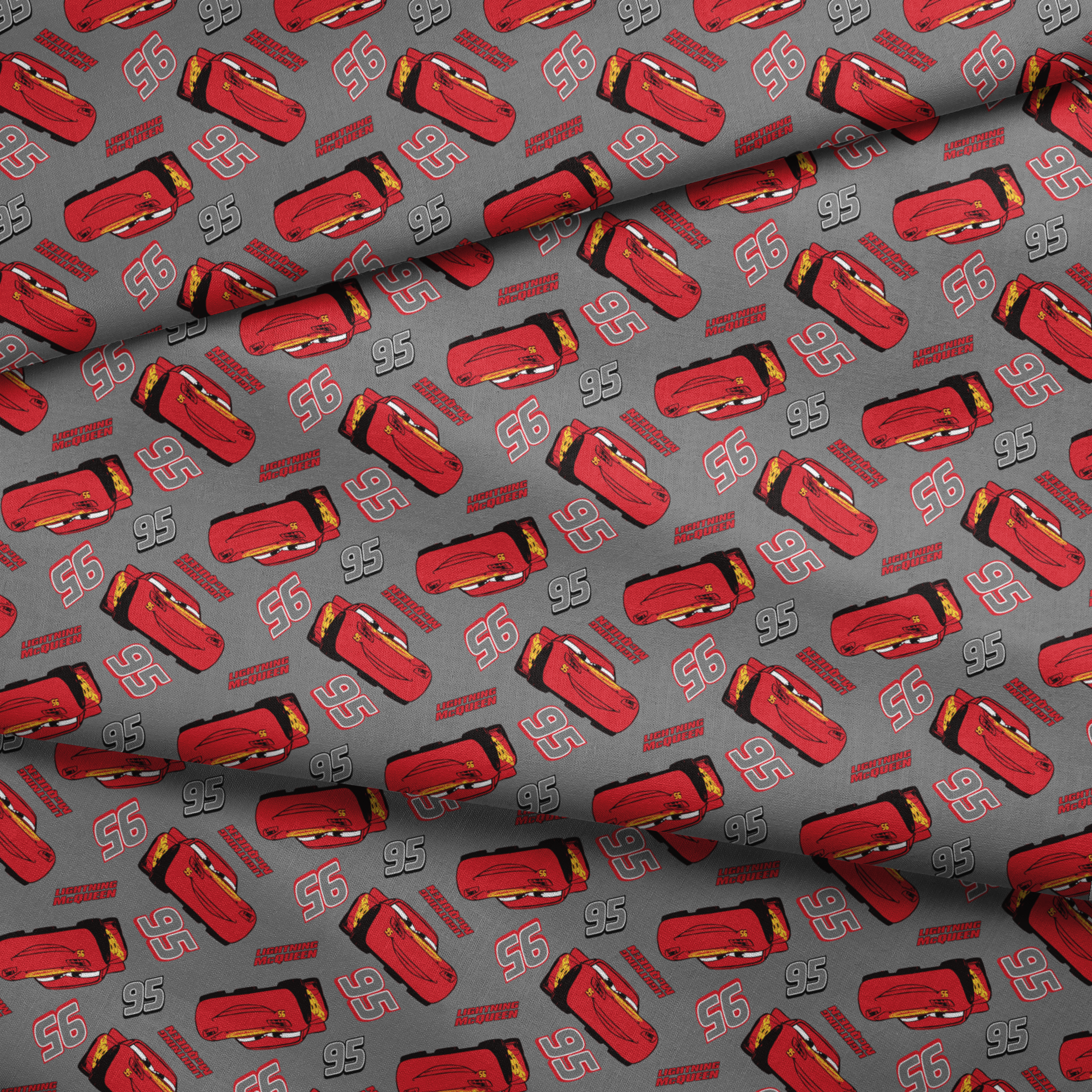 Lightning McQueen pattern with red race cars and number 95 on gray background fabric fold mockup