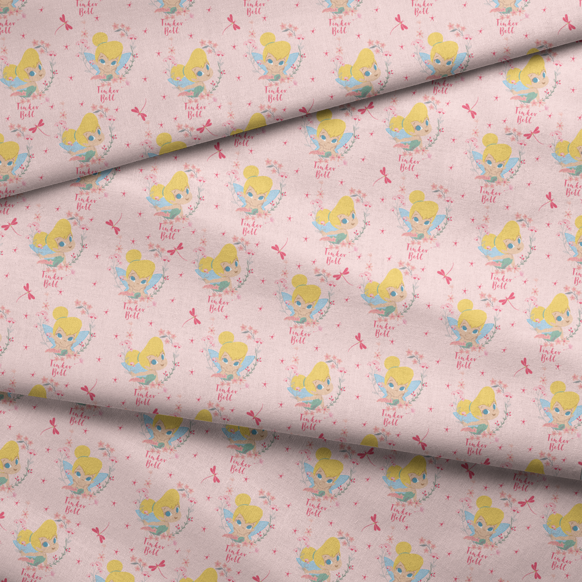 Pink background with Tinker Bell surrounded by flowers, stars, and dragonflies fabric fold mockup