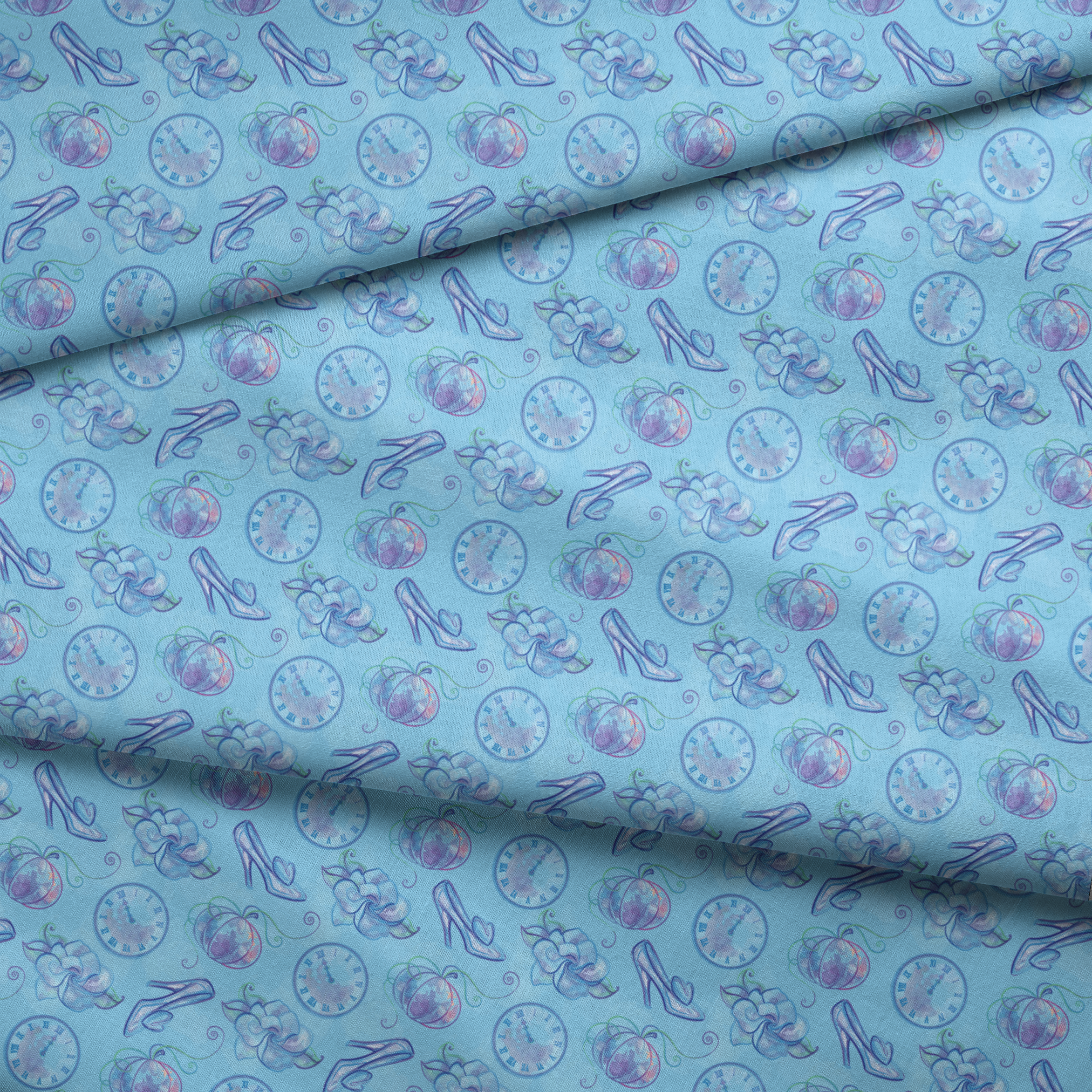 Whimsical Cinderella-themed pattern with glass slippers, pumpkins, clocks, and ribbons in soft blue and purple tones fabric fold mockup