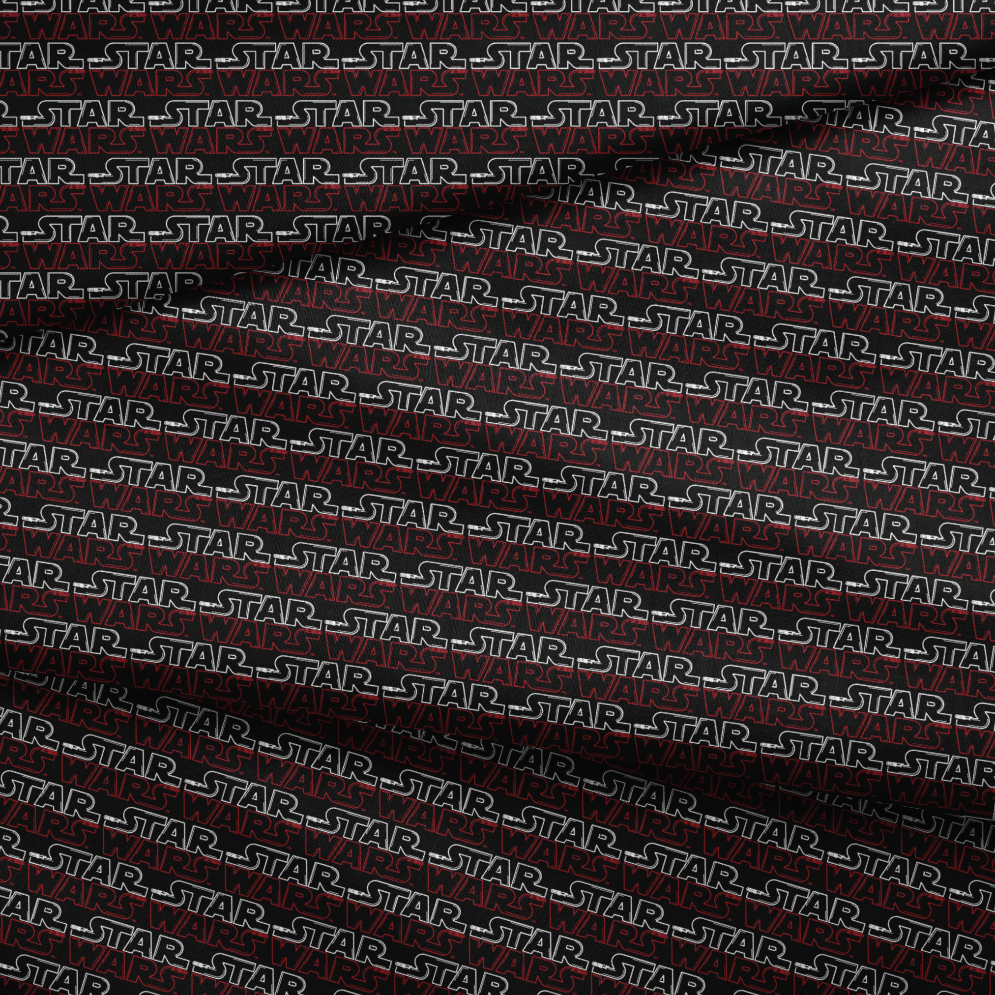 Star Wars logo pattern with white "STAR" and red "WARS" text repeating on black background fabric fold mockup