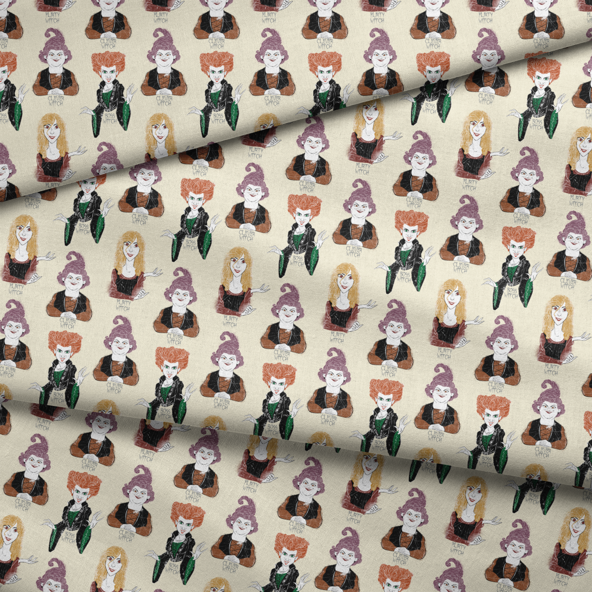 Pattern of illustrated witch characters with different styling - purple hat witch, green-dressed witch, and blonde witch with varying colors and poses fabric fold mockup