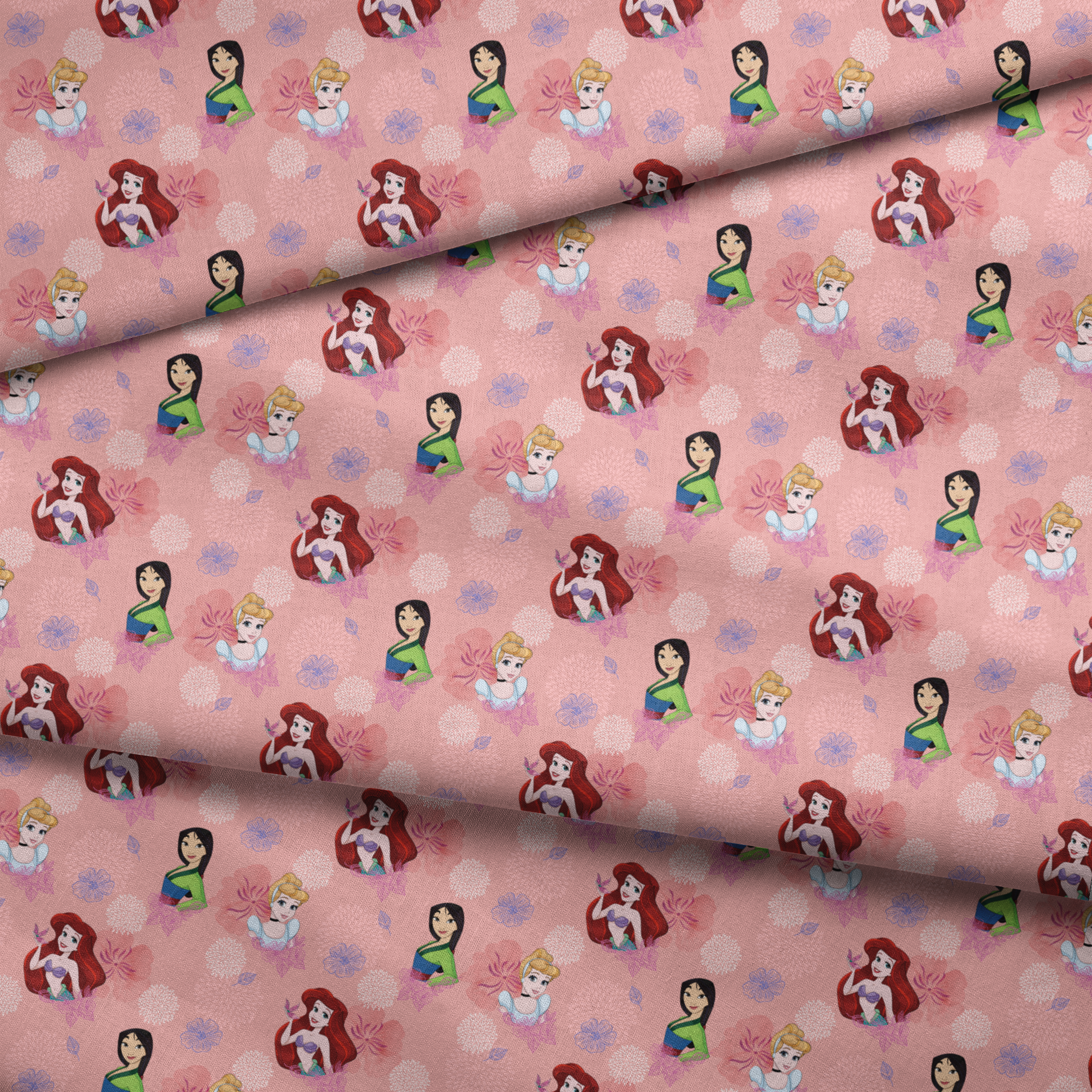 Disney princess characters on pink floral background with delicate flower patterns fabric fold mockup
