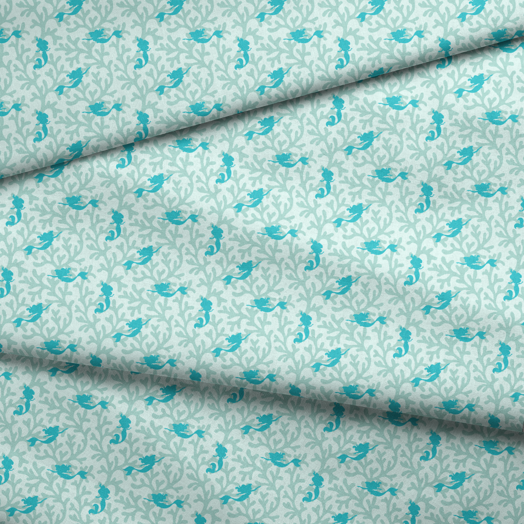 Abstract pattern with light mint green coral shapes and The Little Mermaid silhouettes fabric fold mockup