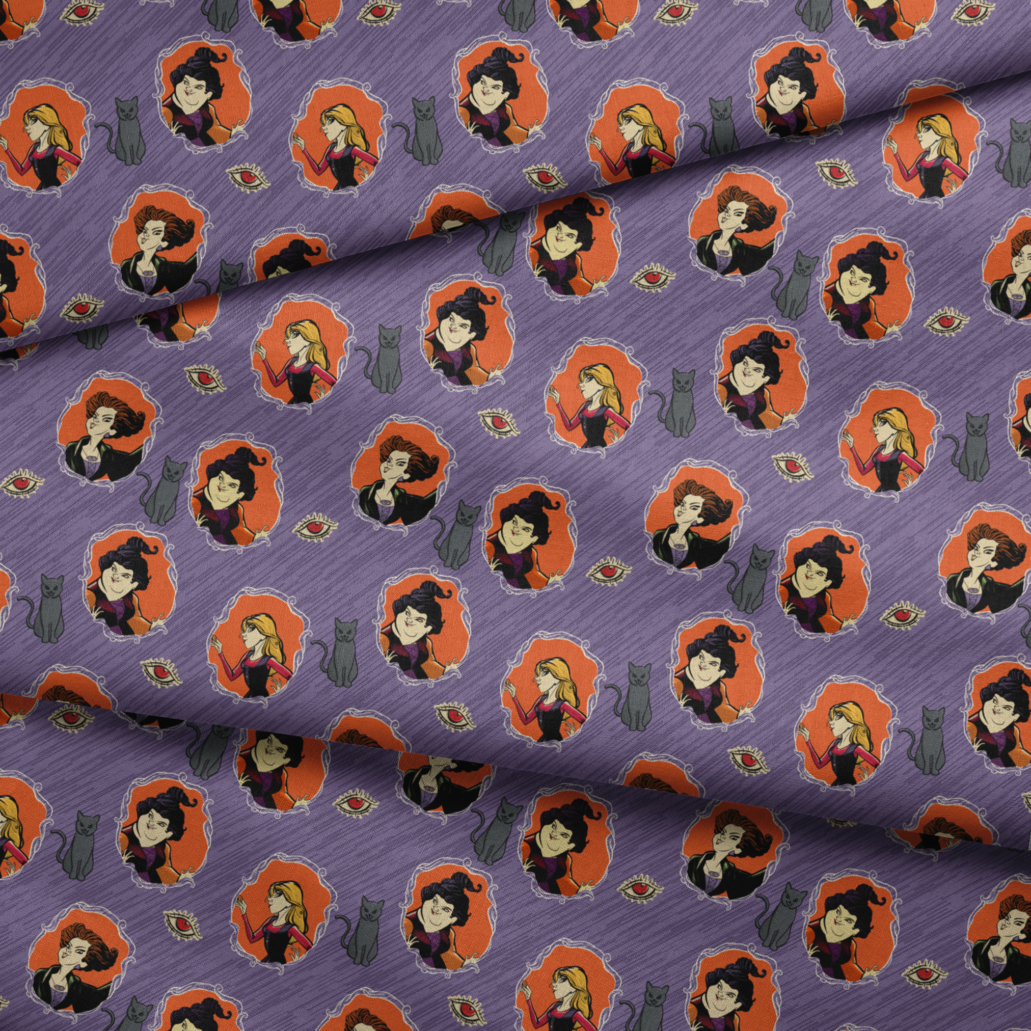 Purple background pattern with illustrated cartoon characters, black cats, and eye symbols in orange circular frames fabric fold mockup