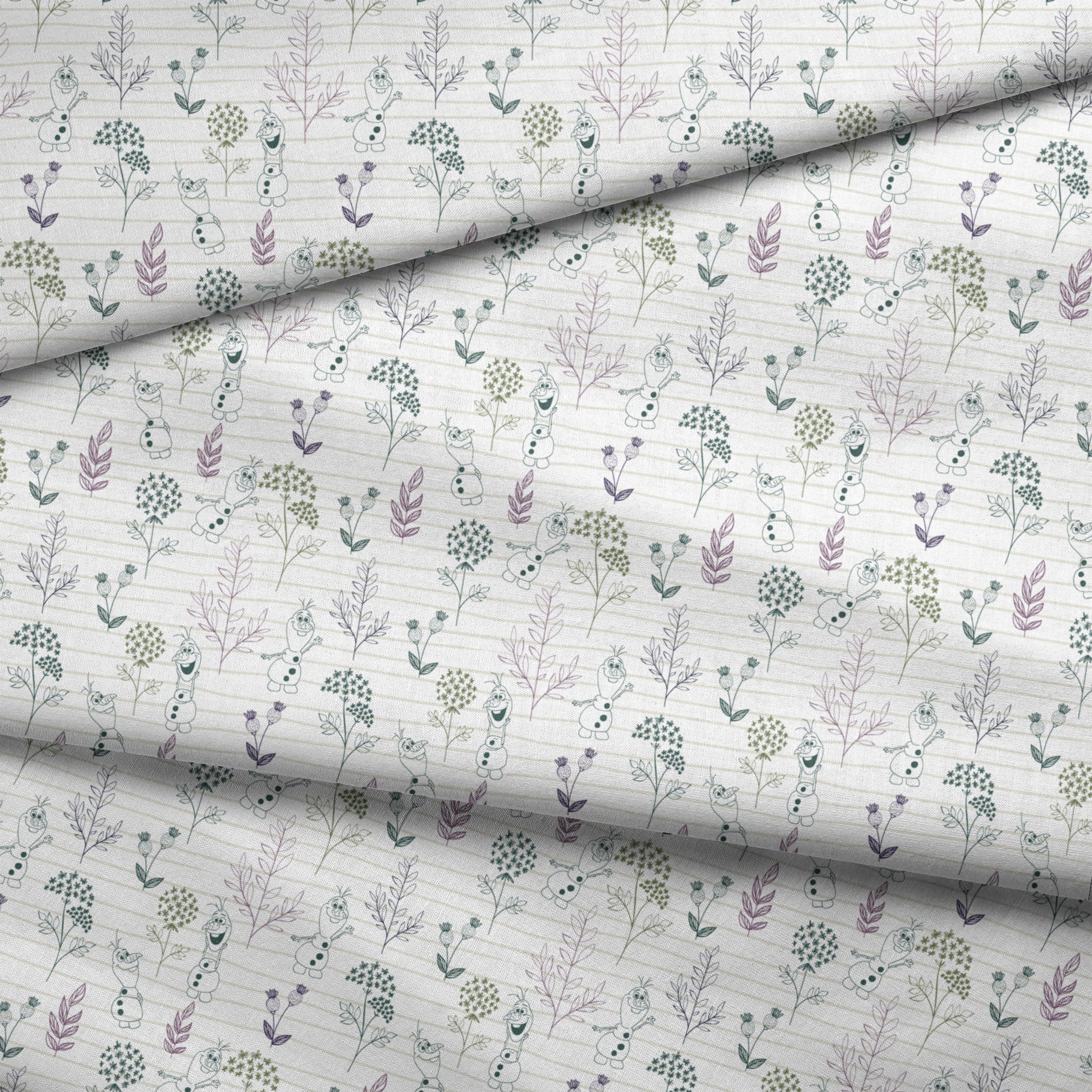 Pattern of sketched botanical elements, flowers, and Olaf on a lined background in soft greens and purples fabric fold mockup