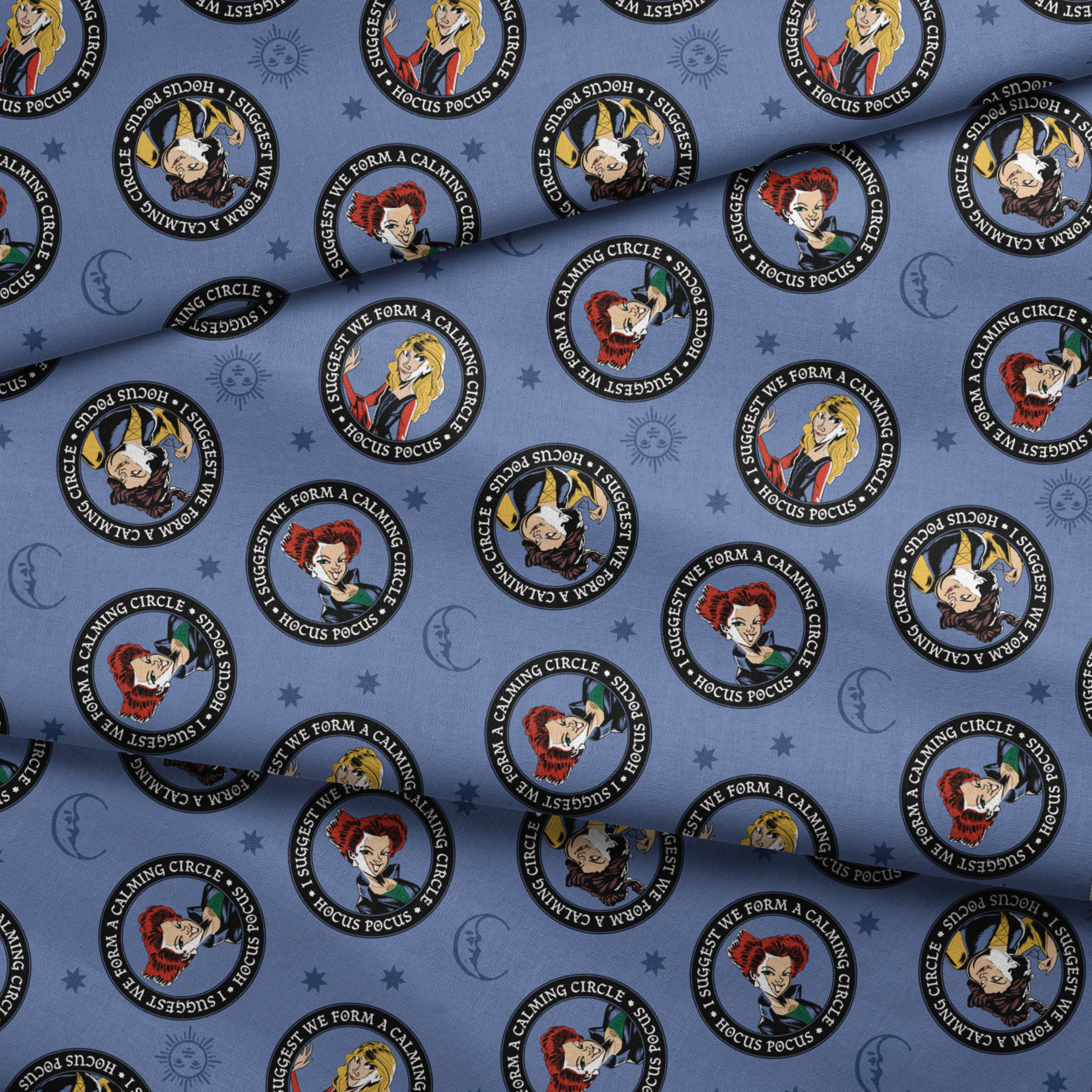 Cartoon witches in circular emblems with "Hocus Pocus" text on blue background with stars fabric fold mockup