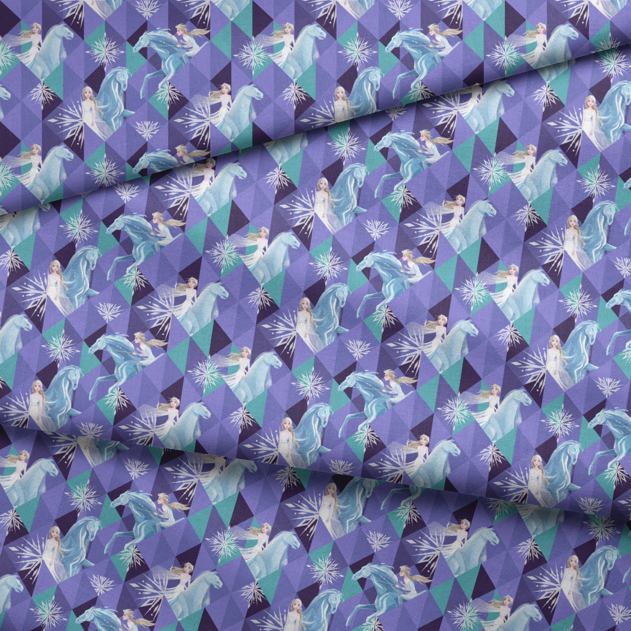Disney's Frozen pattern with Elsa on horses against purple geometric background with snowflakes fabric fold mockup