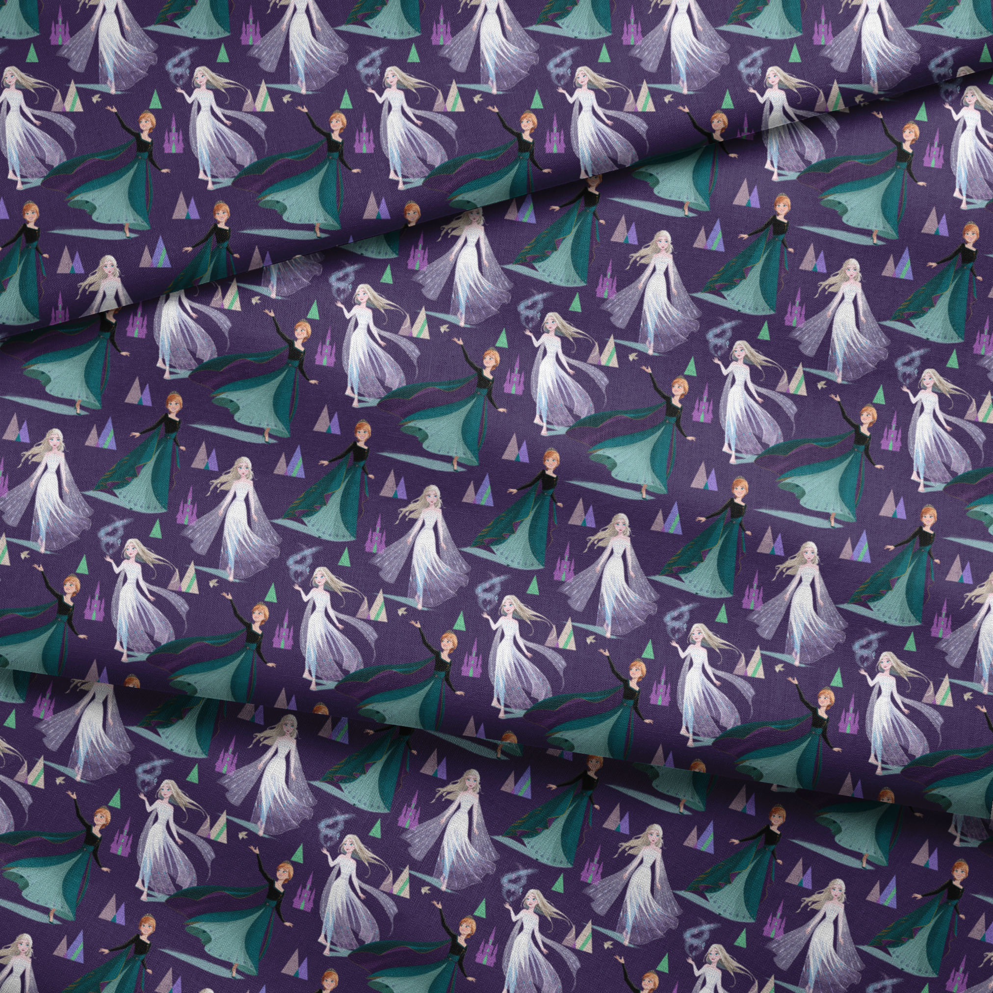 Frozen characters and ice castles on purple background, magical fantasy pattern fabric fold mockup