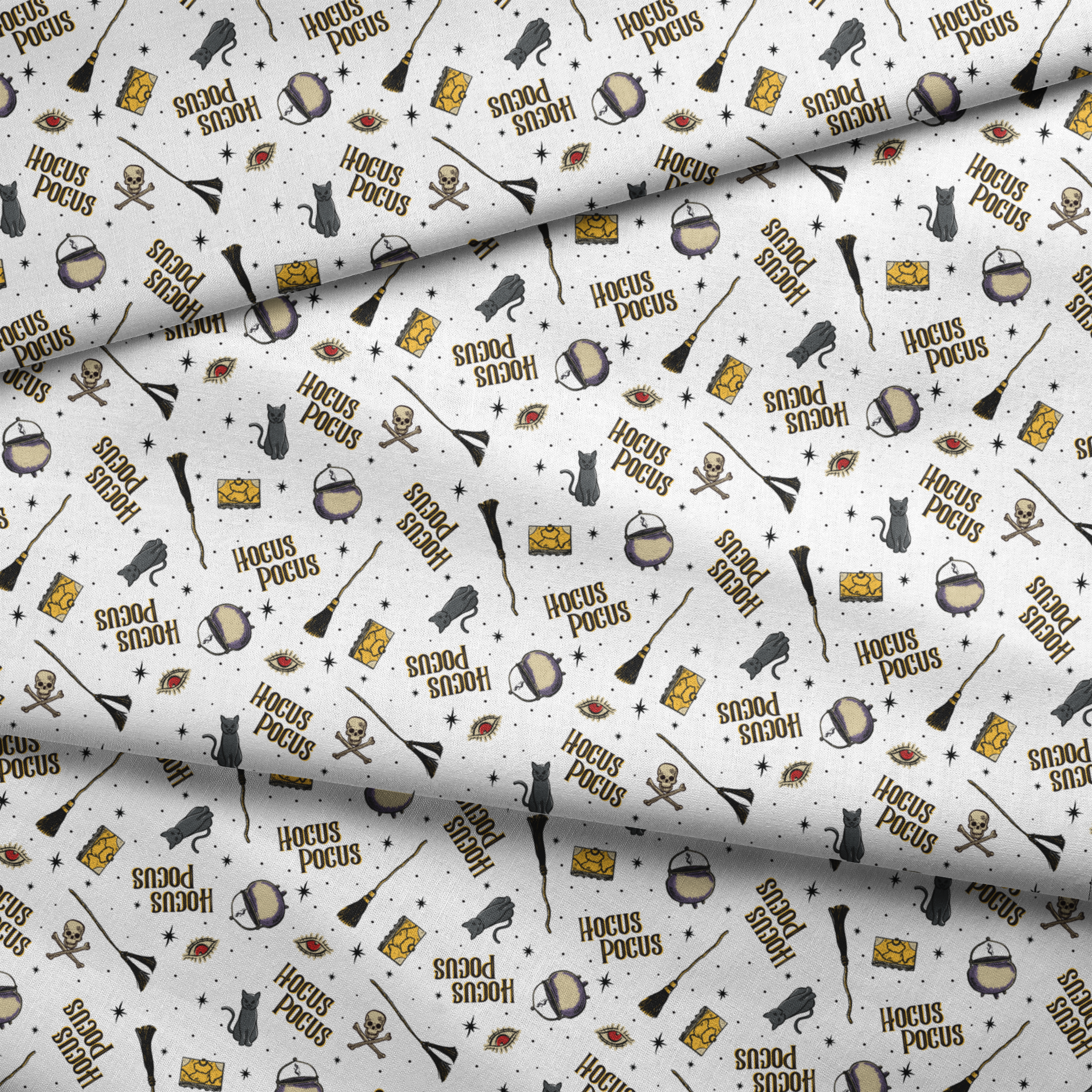 Repeating pattern of witchcraft items with "Hocus Pocus" text, cauldrons, brooms, and mystical symbols on white background fabric fold mockup
