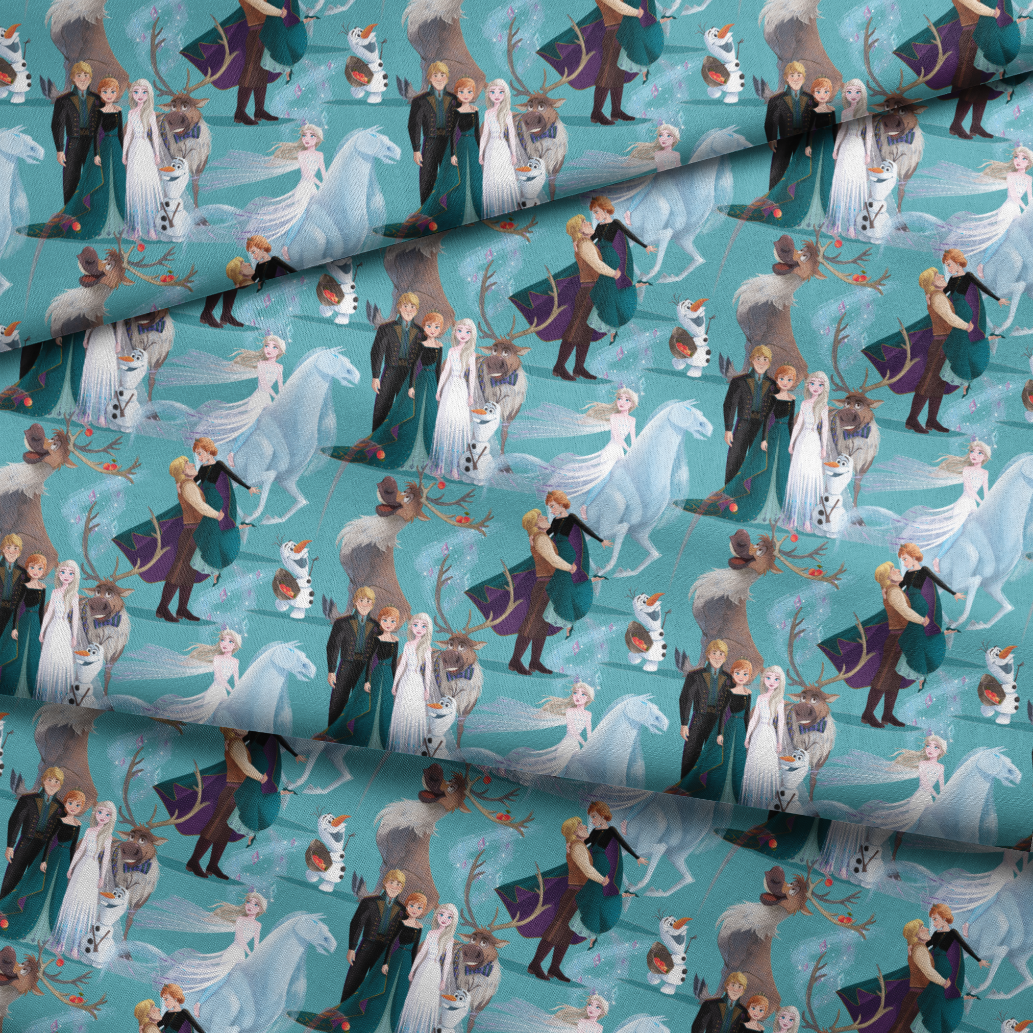 Characters from Frozen movie including Elsa, Olaf, Sven and others on turquoise background fabric fold mockup