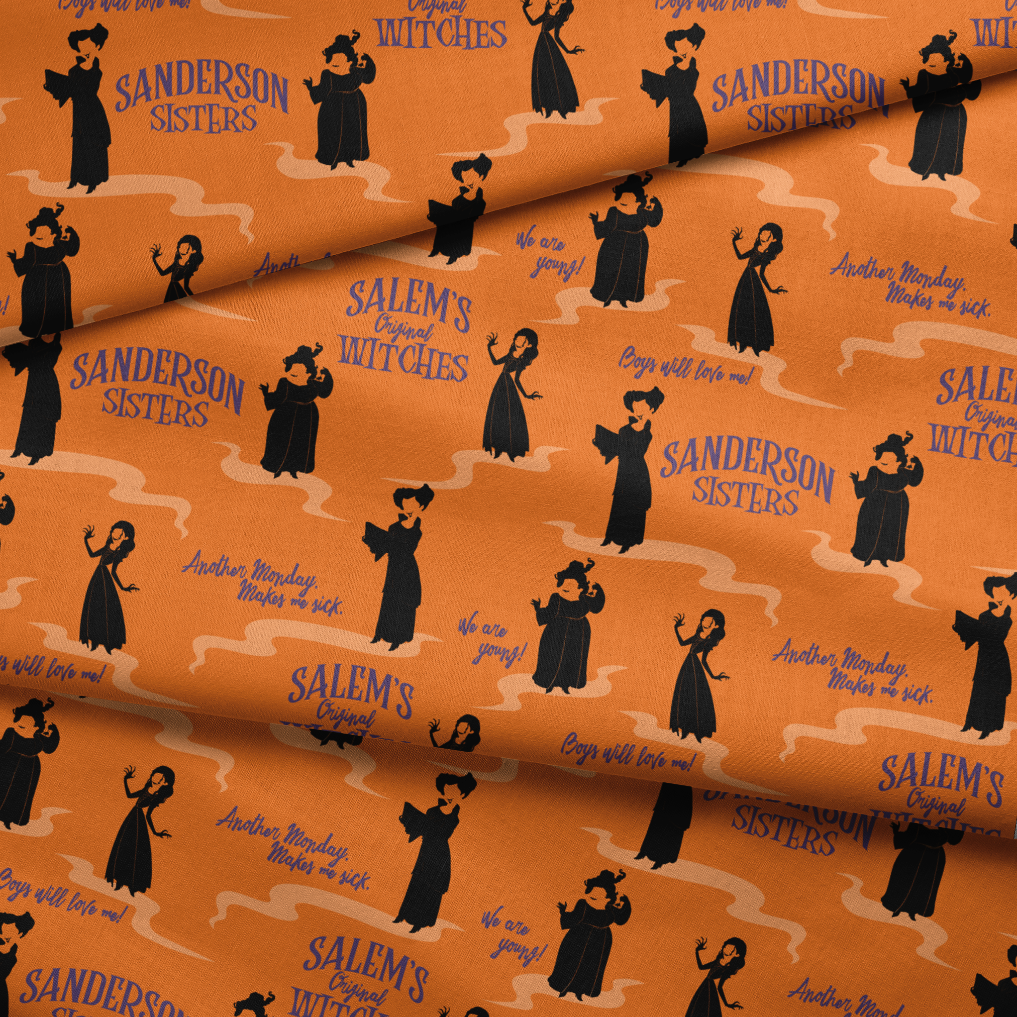 Orange background with silhouettes of witches in black robes and text "Sanderson Sisters" and "Salem's" in blue lettering fabric fold mockup