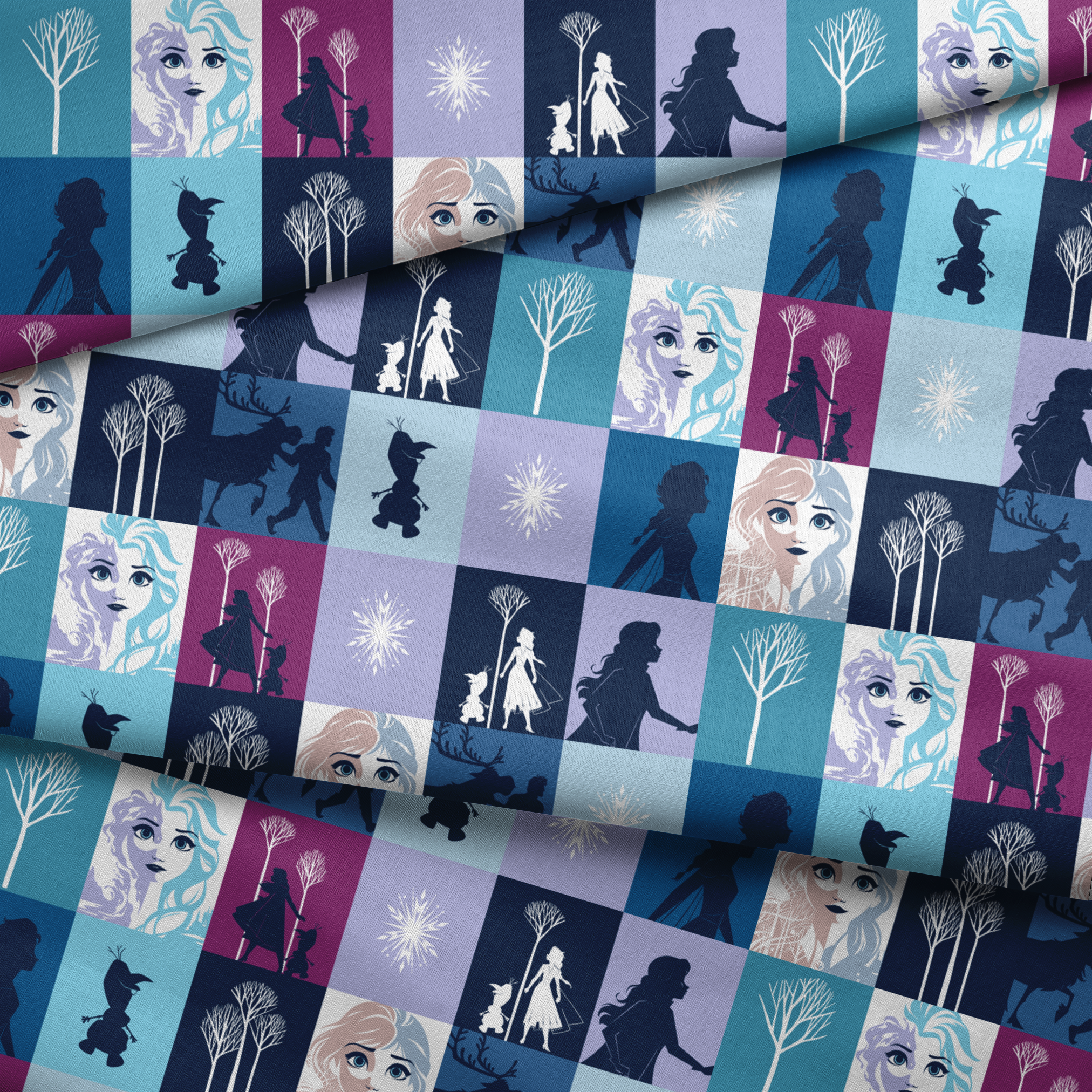 A grid of "Frozen" themed illustrations featuring character portraits, snowflakes, winter trees, and silhouetted scenes in shades of blue and purple. fabric fold mockup