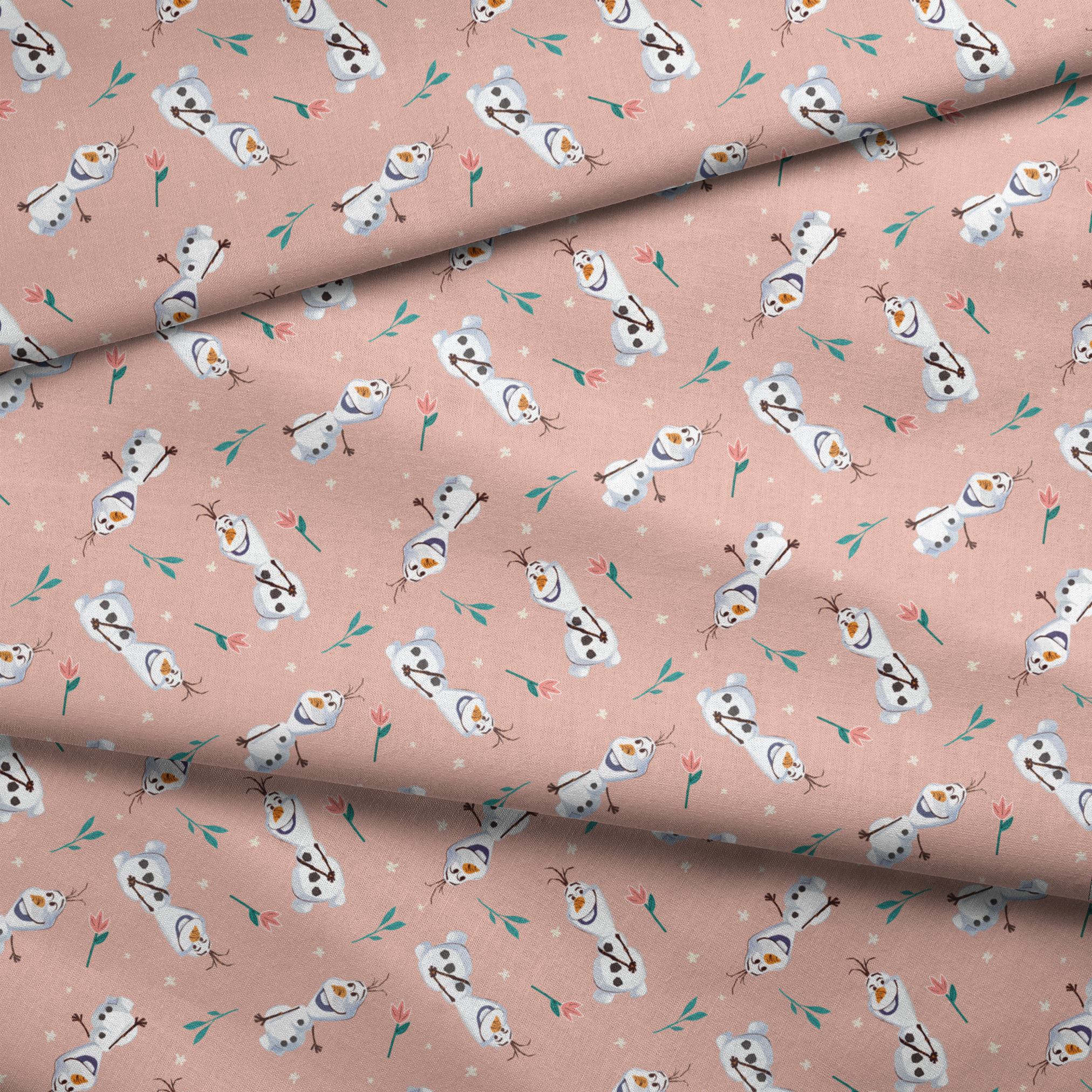 Playful pattern of Olaf scattered with green leaves on a peachy pink background fabric fold mockup