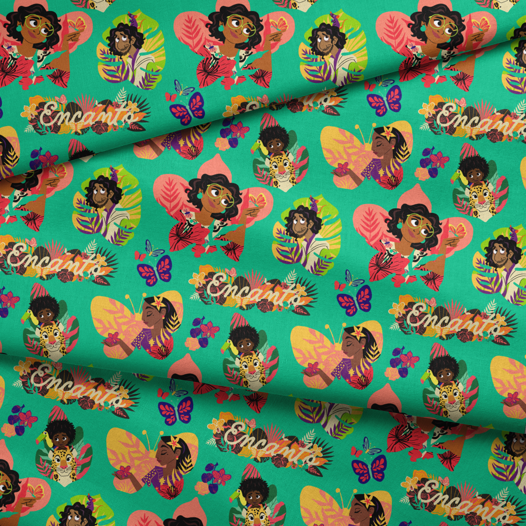 Colorful illustration with characters, butterflies, and tropical leaves on turquoise background with "Encanto" text fabric fold mockup