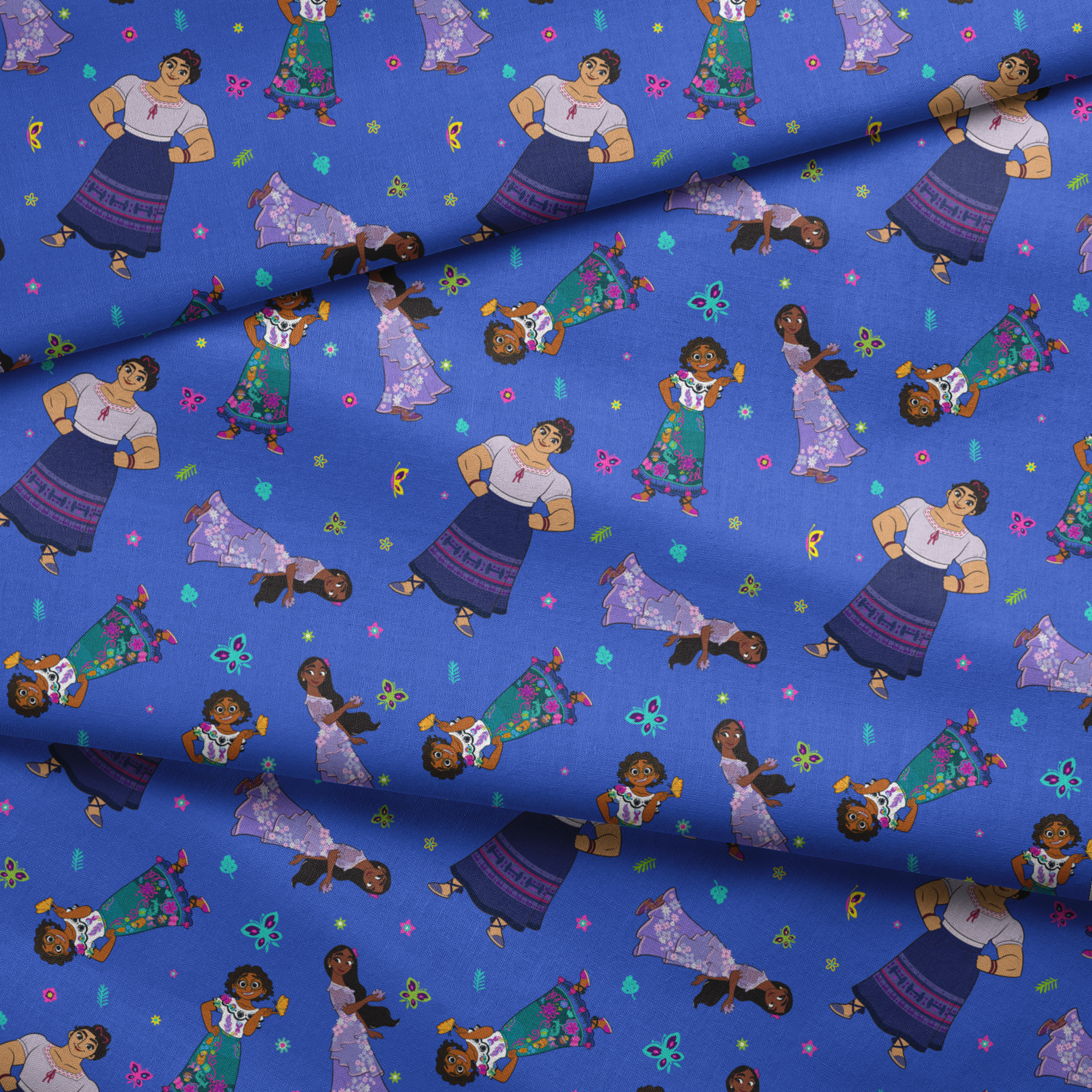 Colorful cartoon figures in traditional clothing floating on vibrant blue background with butterflies and flowers fabric fold mockup