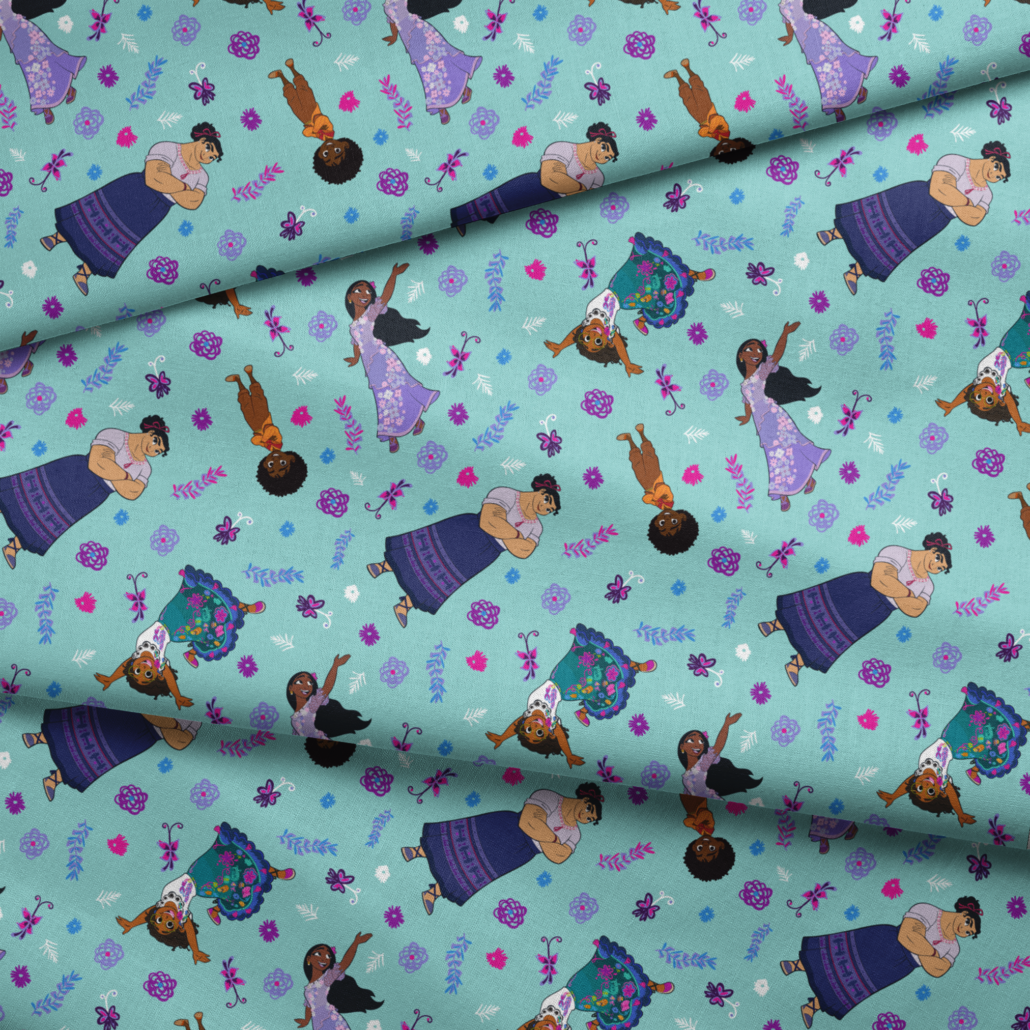 Colorful pattern with figures in traditional clothing, butterflies, and floral elements on teal background fabric fold mockup