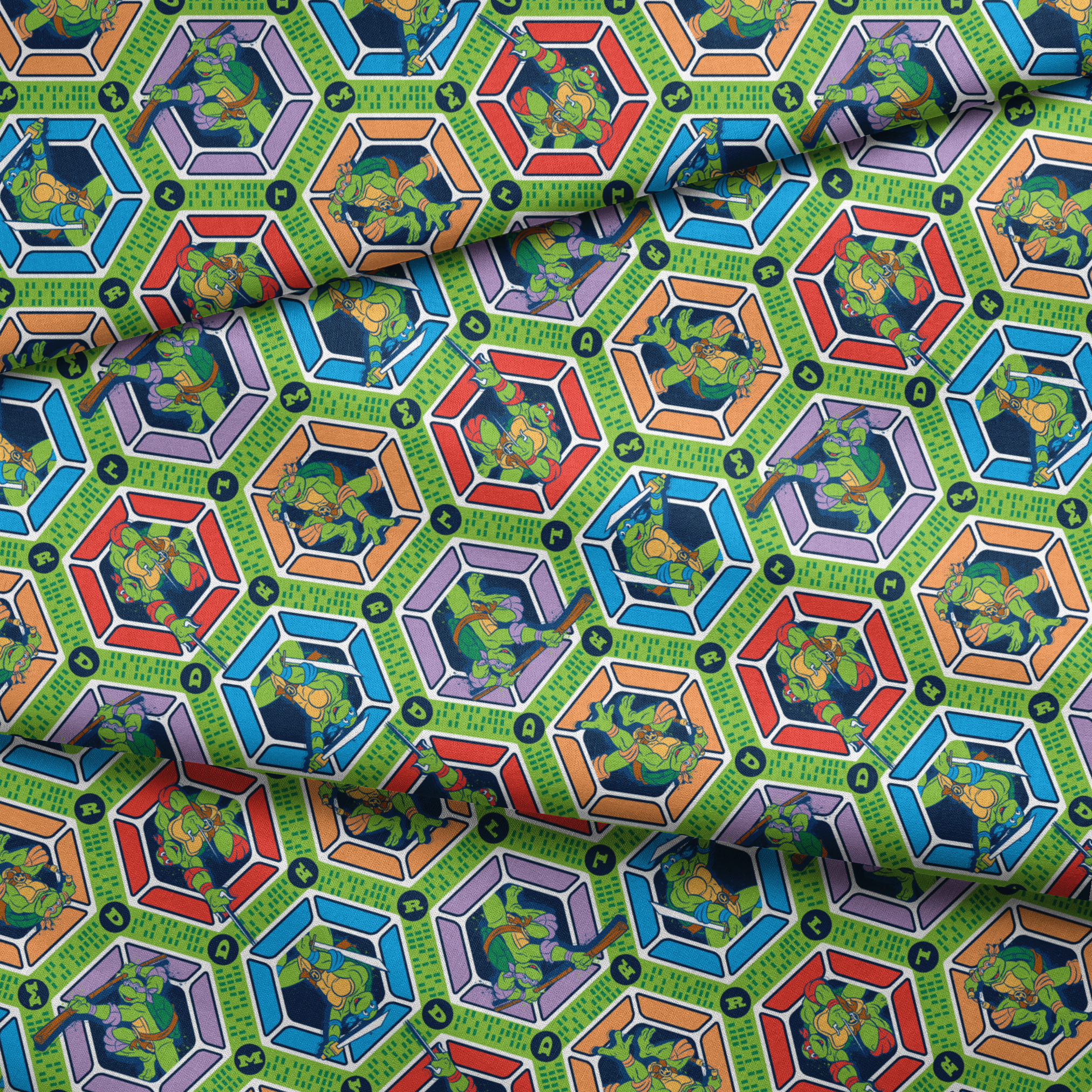 Colorful hexagonal pattern with Teenage Mutant Ninja Turtles and green text strips on blue background fabric fold mockup