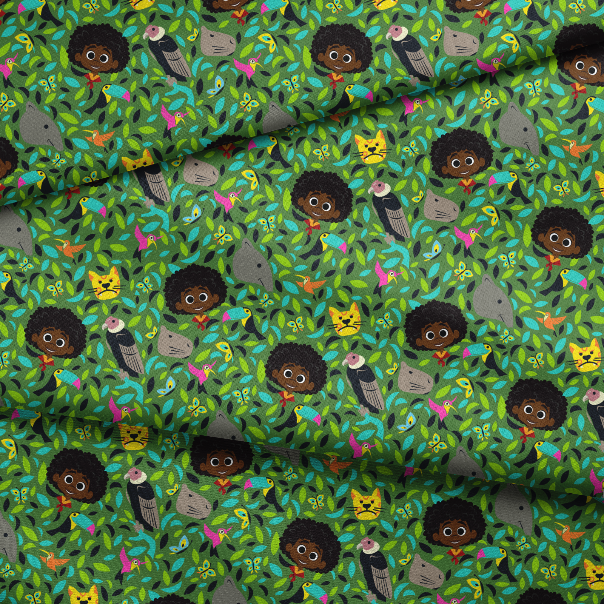 Colorful illustration with children, birds, butterflies, and animals among vibrant green foliage. fabric fold mockup