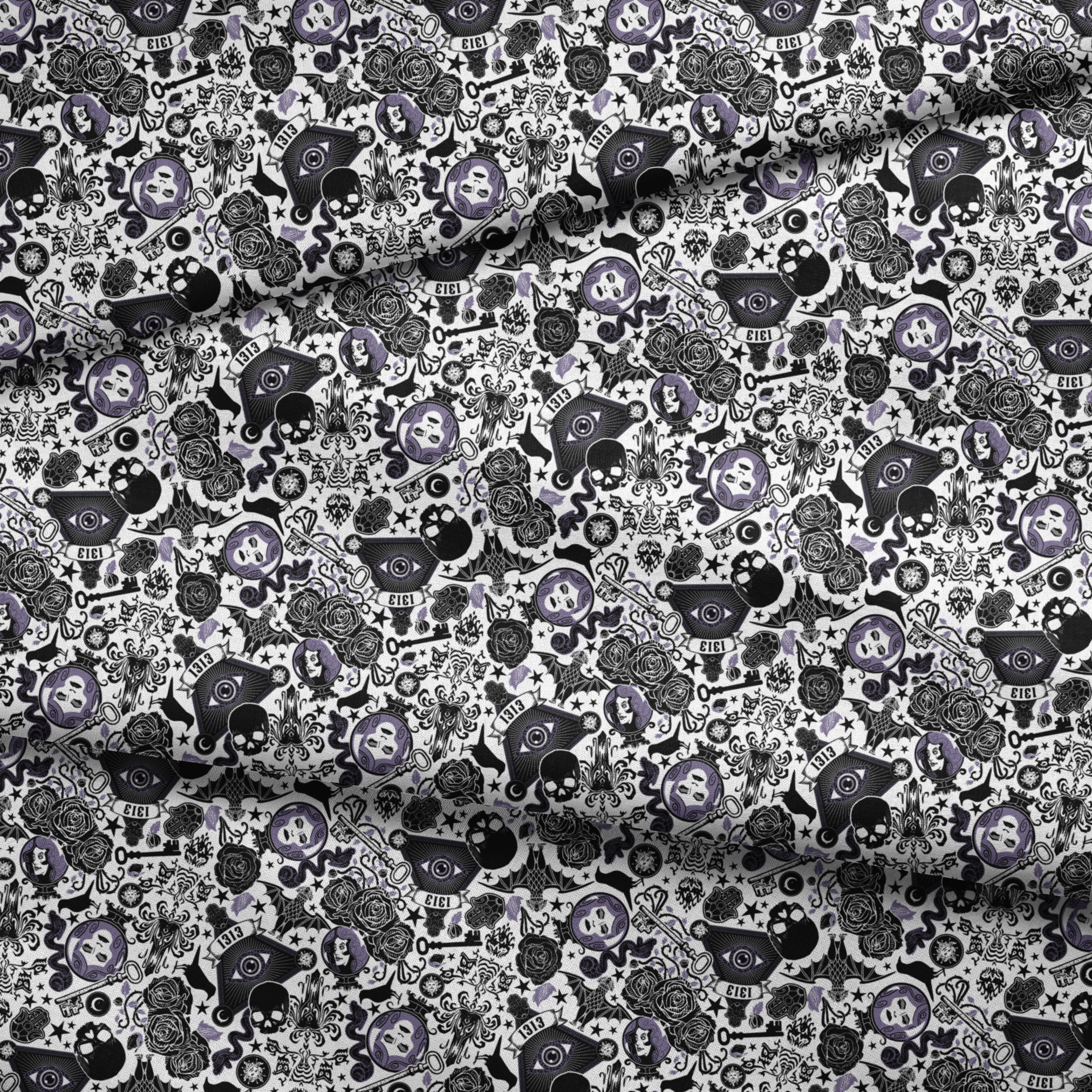 Gothic-inspired pattern with roses, medallions, ravens, and Victorian motifs in black and purple fabric fold mockup