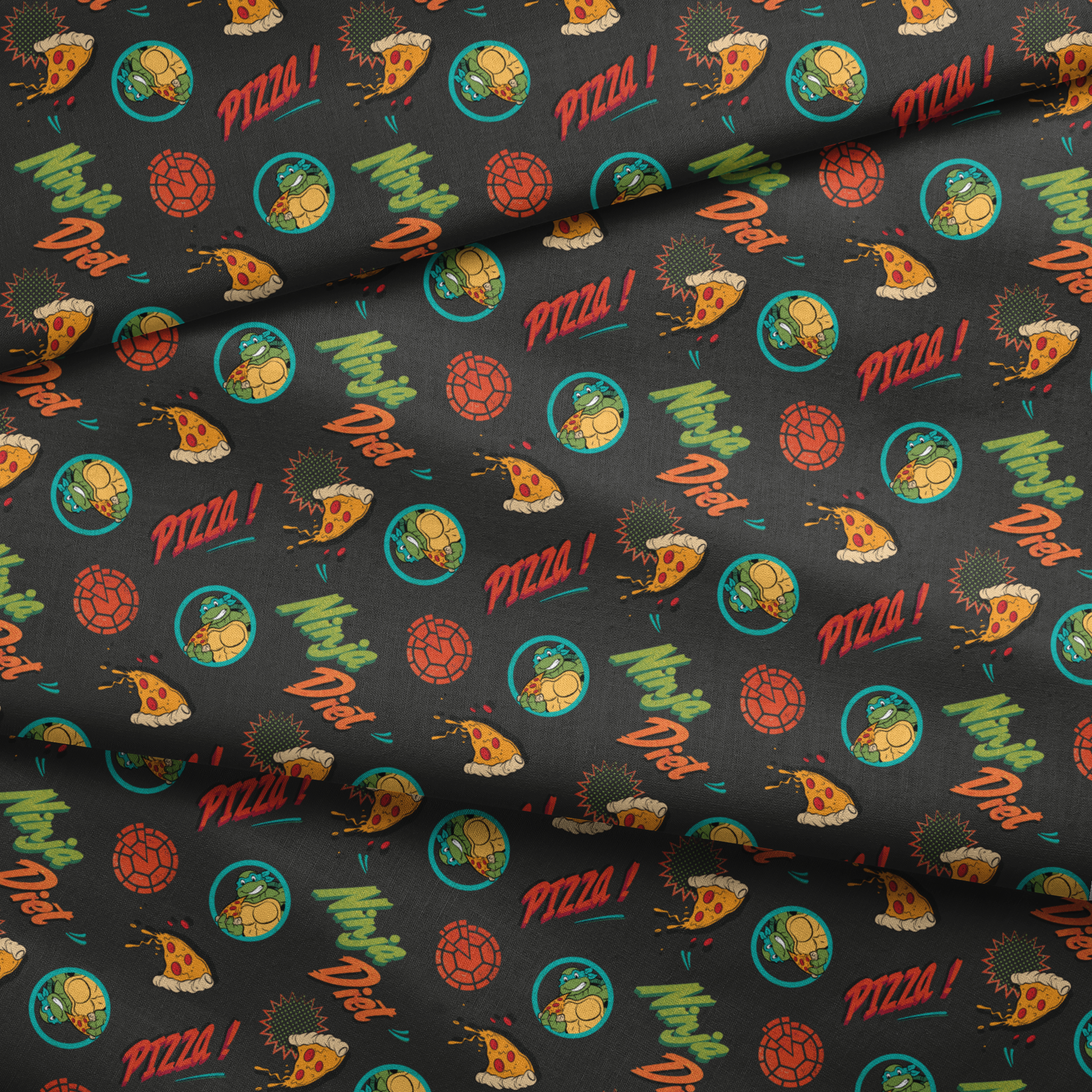 Colorful cartoon pizza pattern with "Pizza!" text, Teenage Mutant Ninja Turtles in circles, and decorative elements on dark background. fabric fold mockup