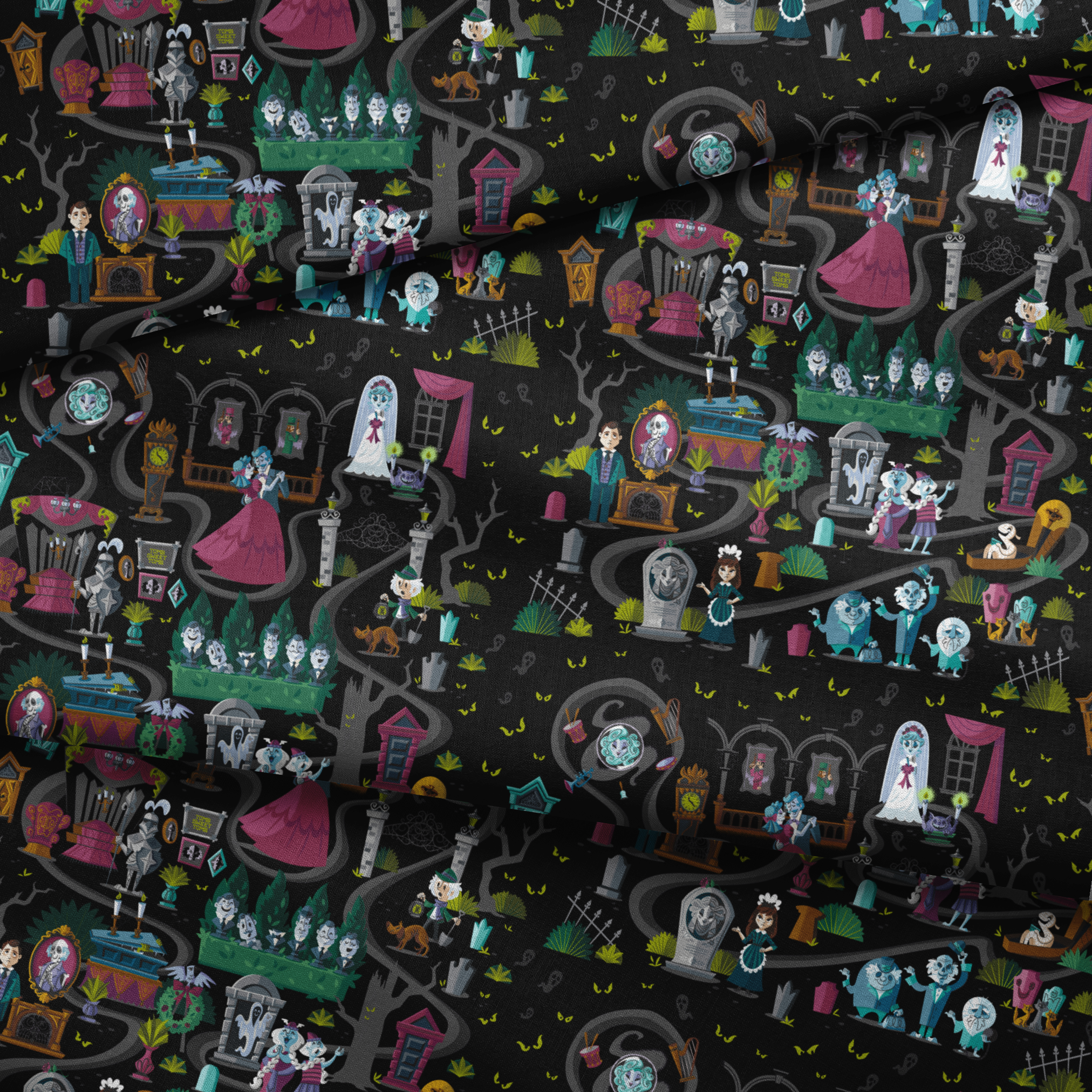 Dark background collage of colorful haunted house elements with ghosts, skeletons, potion bottles, and spooky characters in a whimsical pattern fabric fold mockup