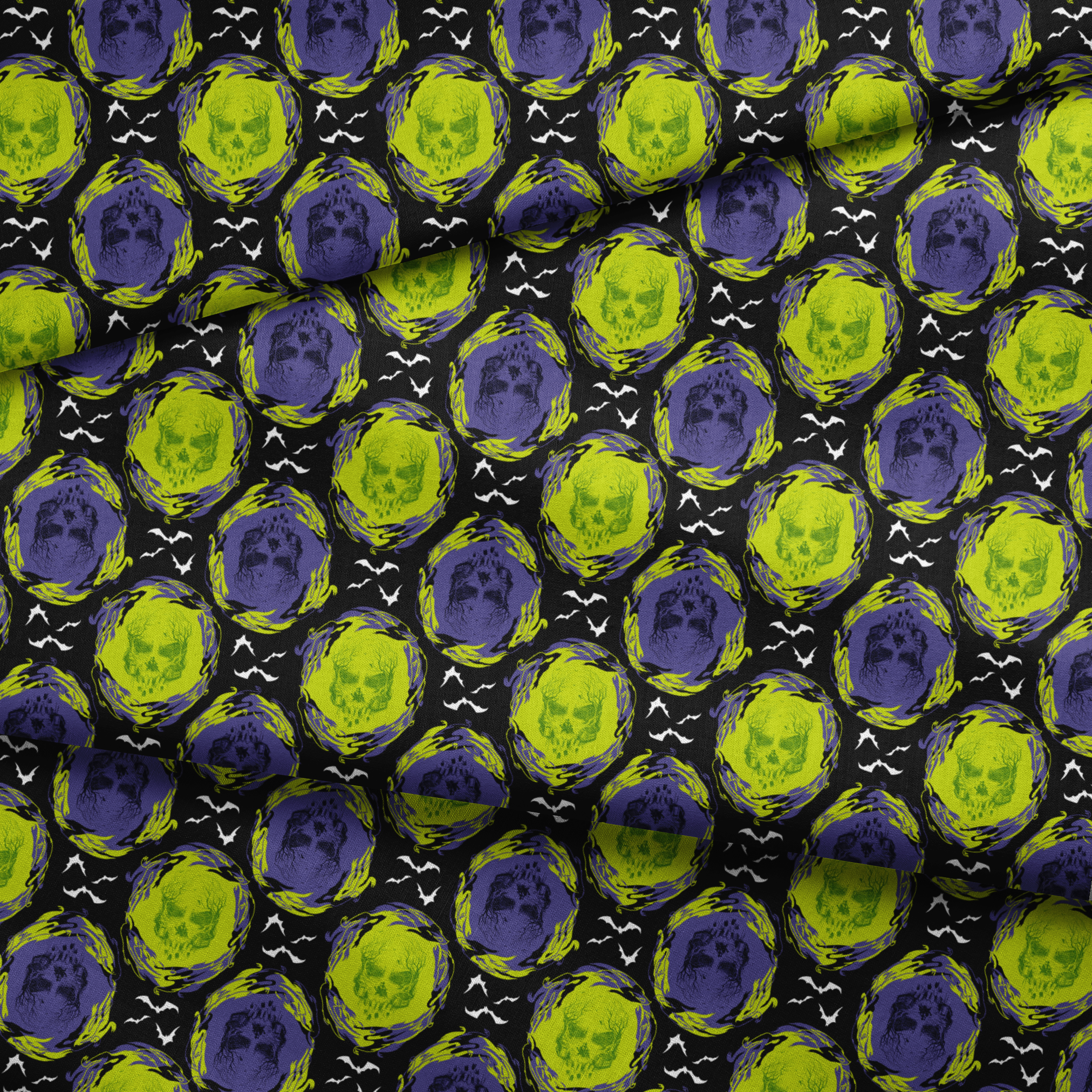 Repeating pattern of neon green and purple skulls with swirling effects on black background with white bats fabric fold mockup
