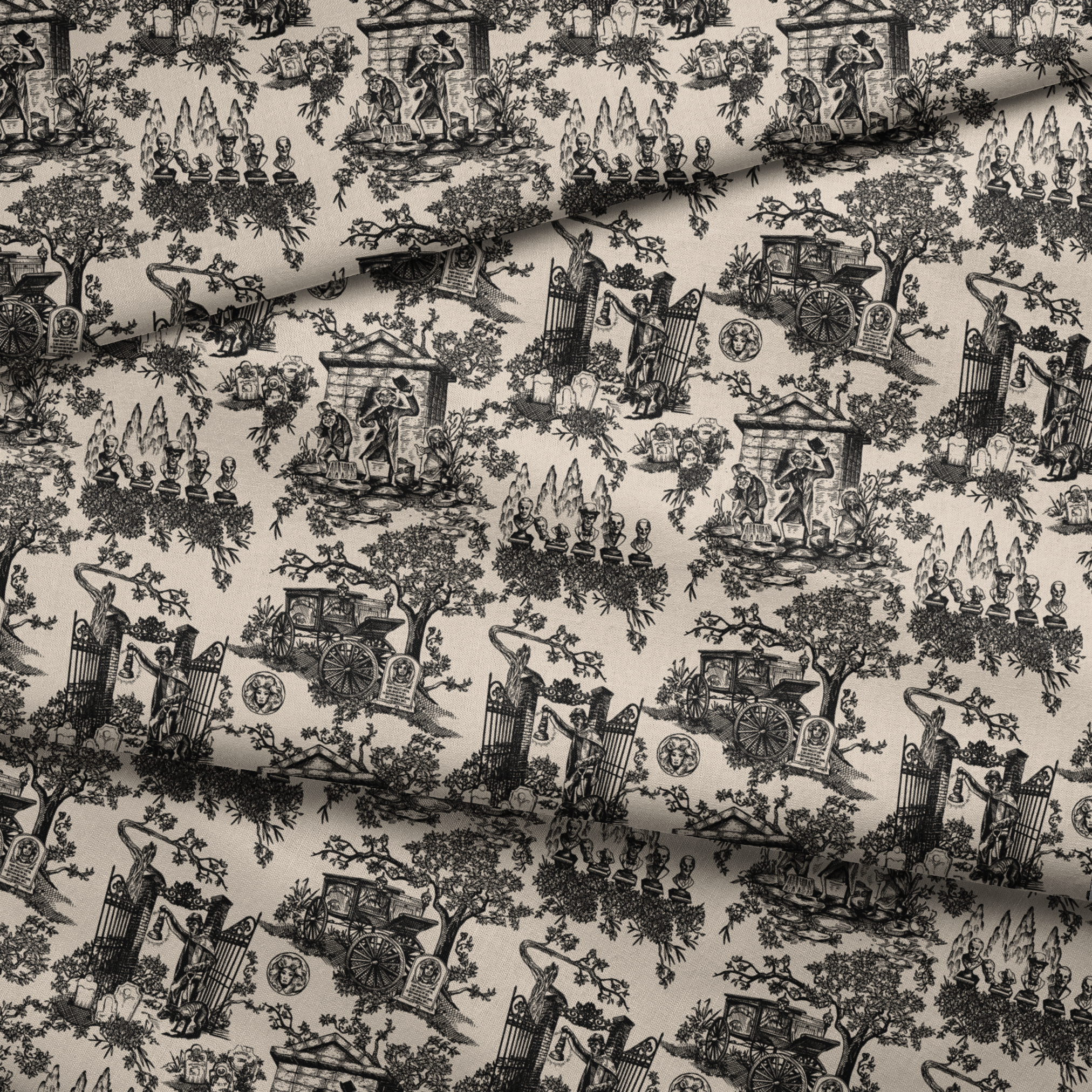 Black and white toile pattern with garden scenes, architectural elements, and decorative figures in a classical style fabric fold mockup